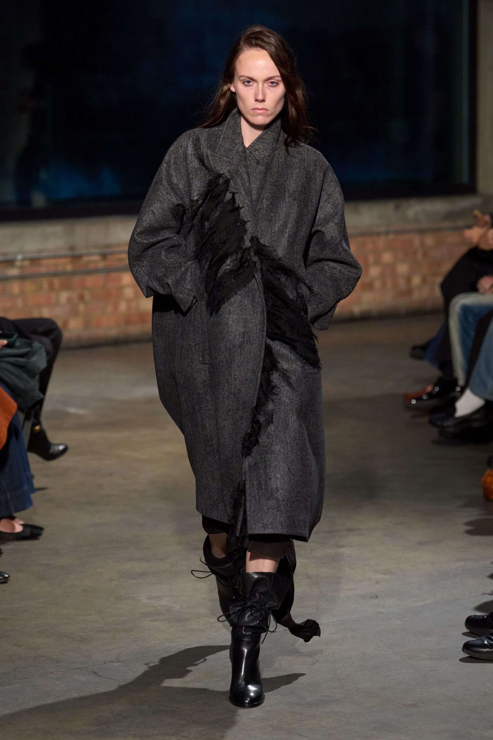 black wool long-sleeve collared oversized ruffled coat