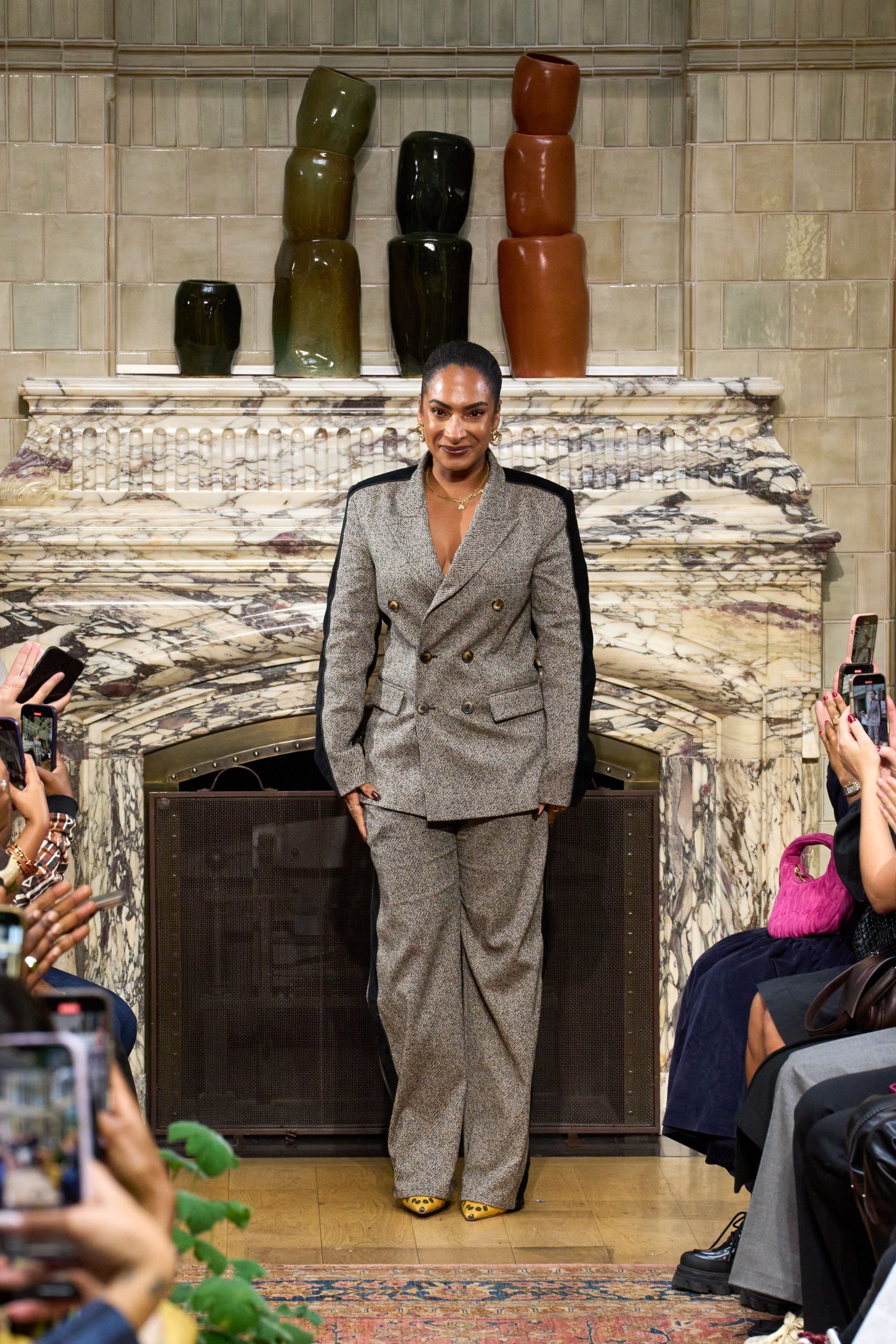 gray tailored suit with yellow shoes