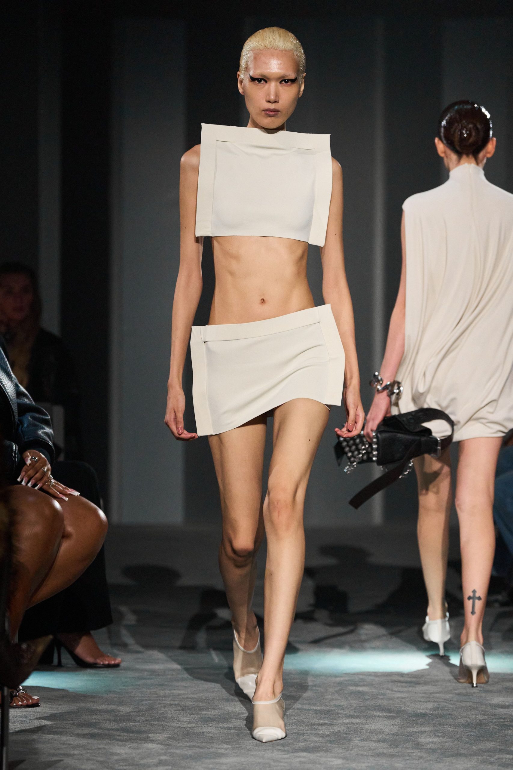 beige silk fitted high-waisted pleated mini skirt