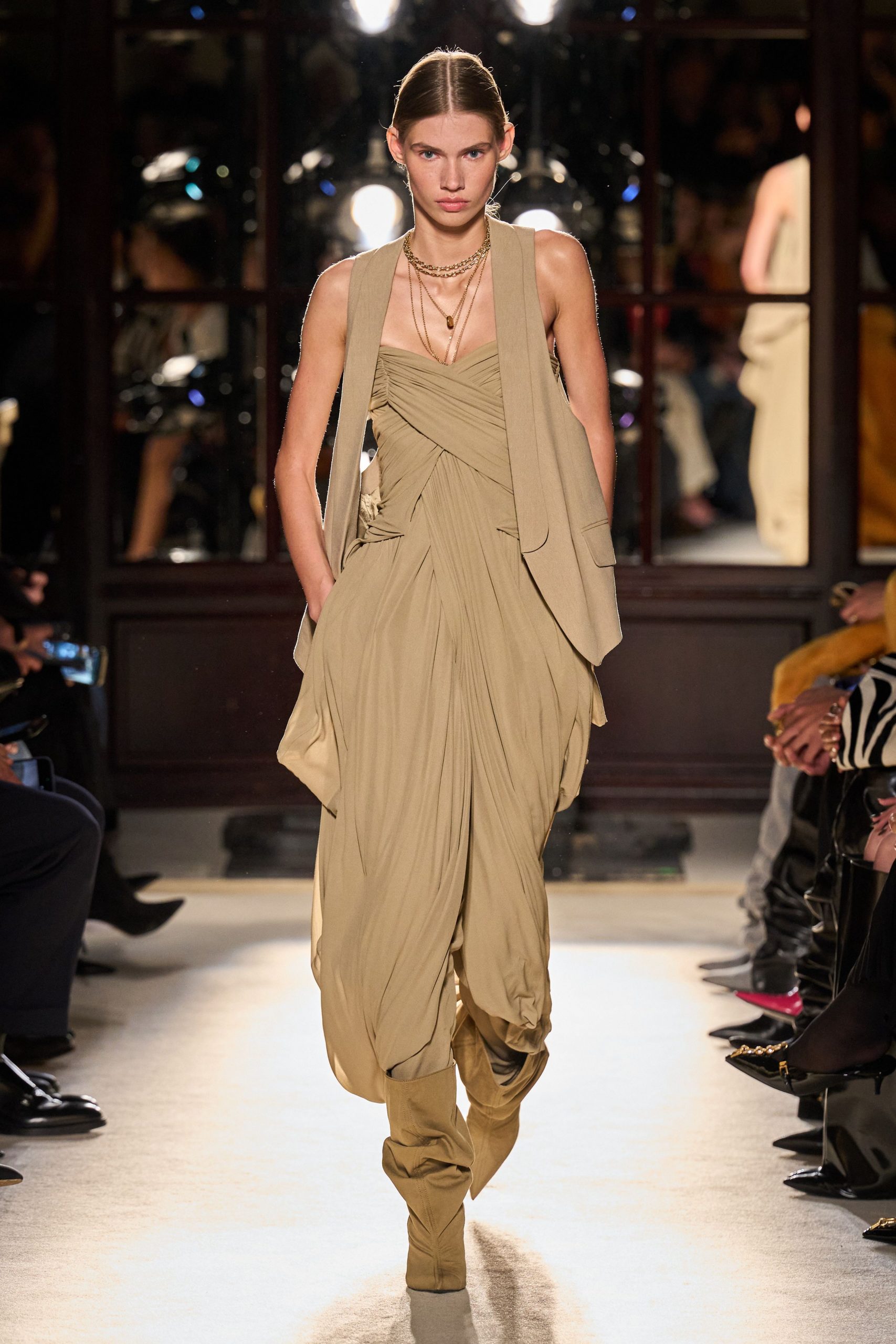 beige cotton sleeveless v-neck fitted draped jumpsuit