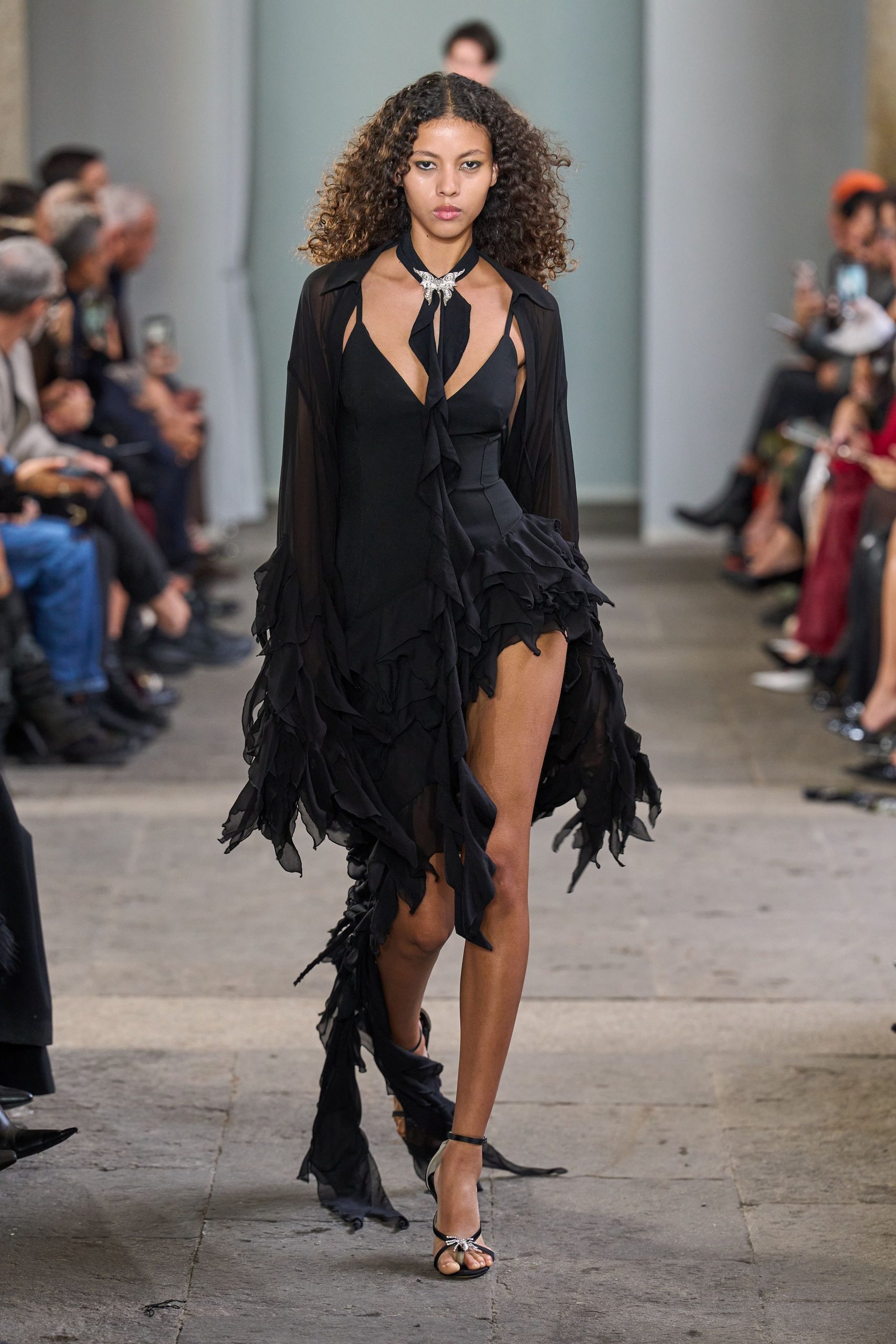black silk sleeveless v-neck fitted ruffled layered dress
