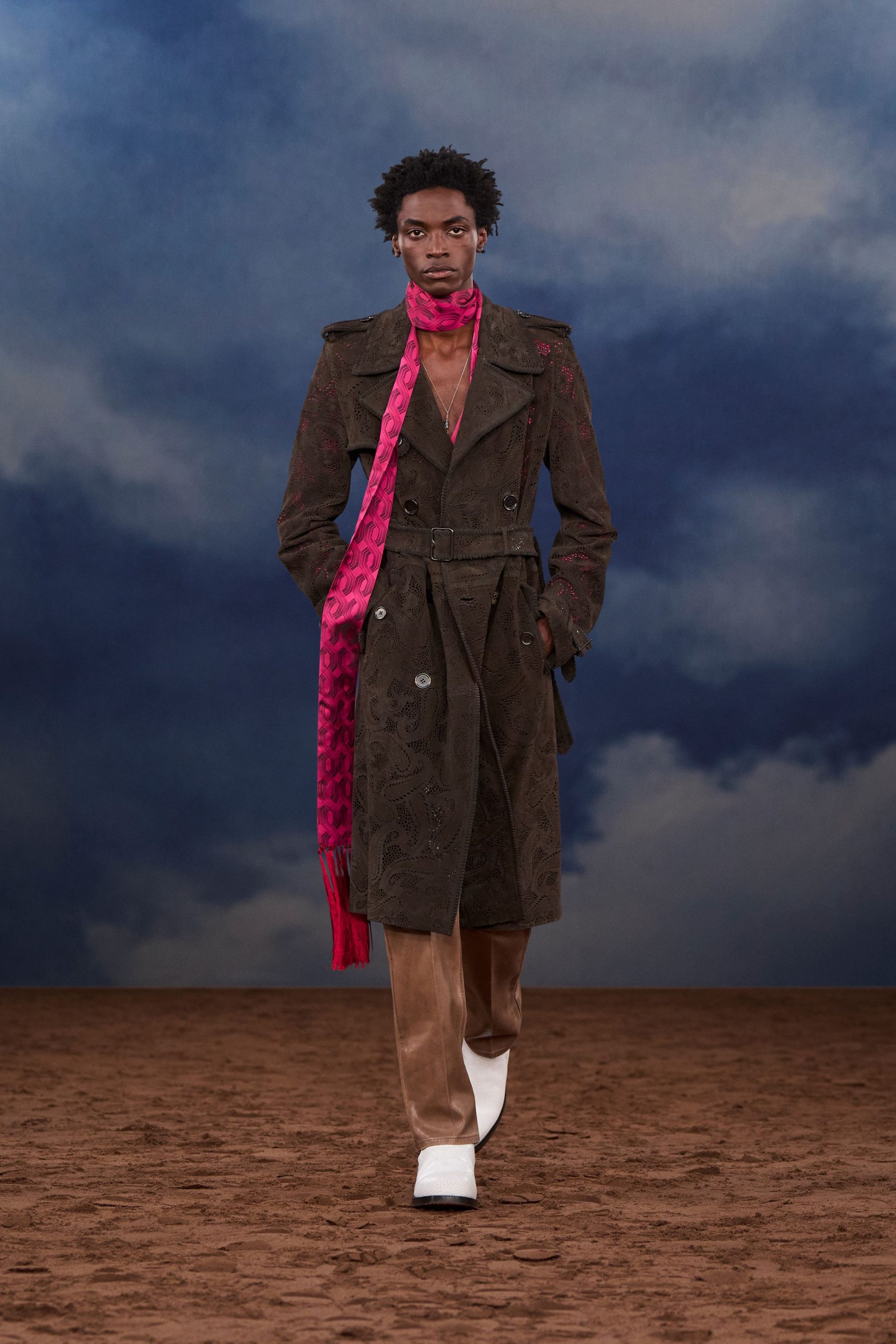 brown cotton long-sleeve collared tailored embroidered belted coat