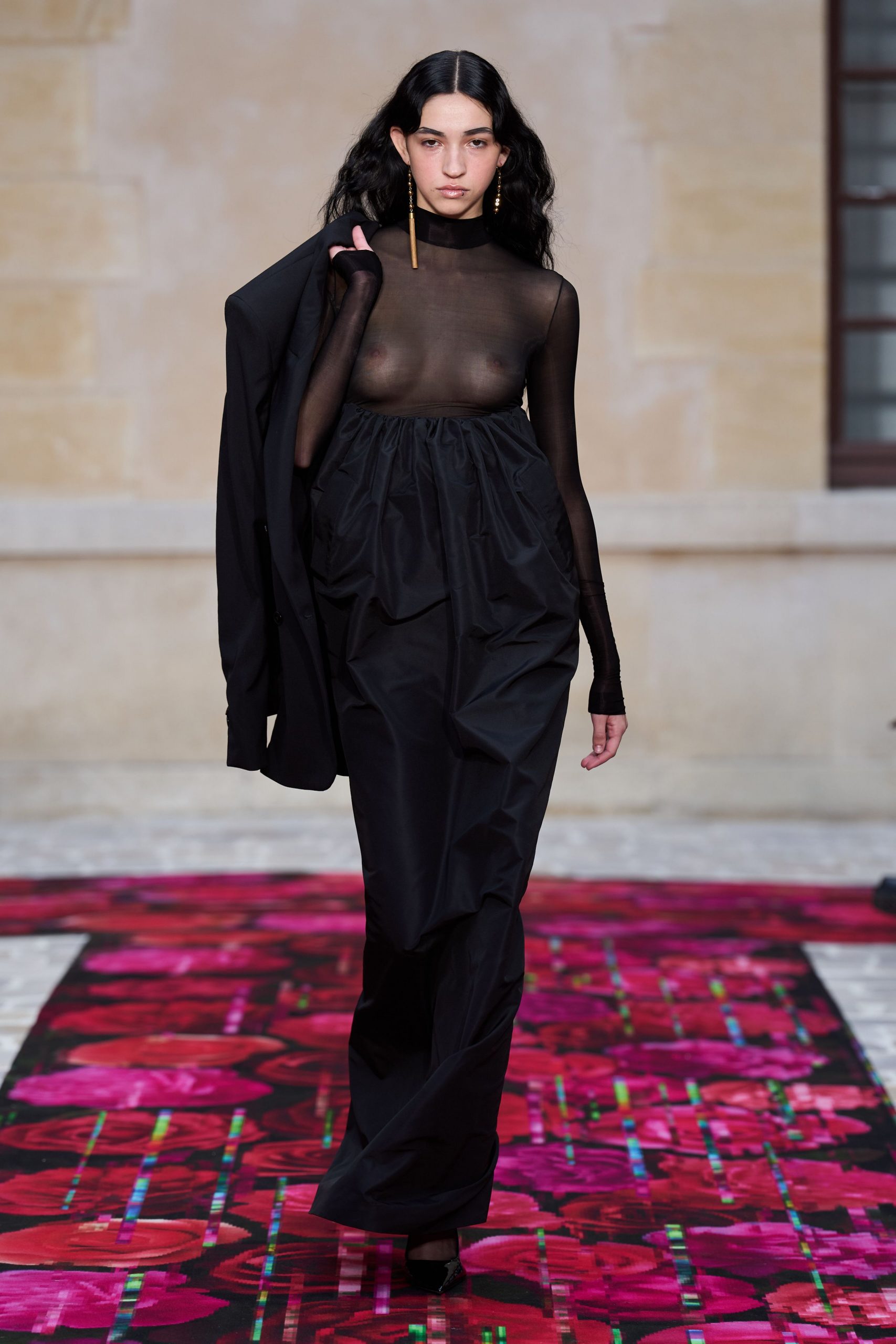 black silk long-sleeve collared structured buttoned jacket