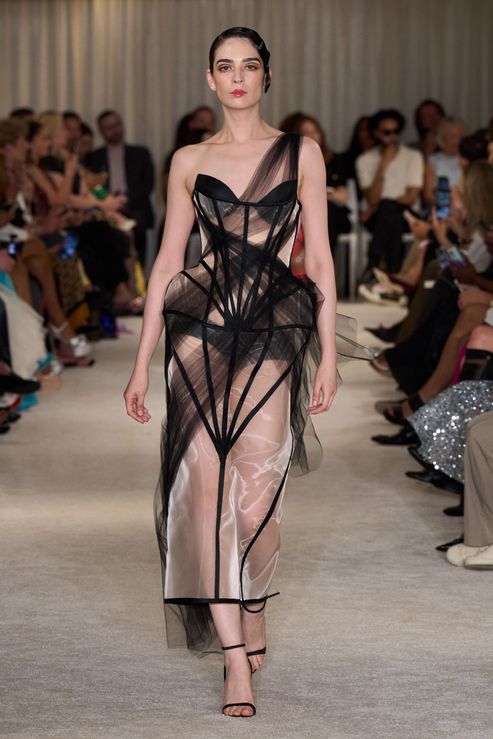 black tulle strapless asymmetric fitted layered gown