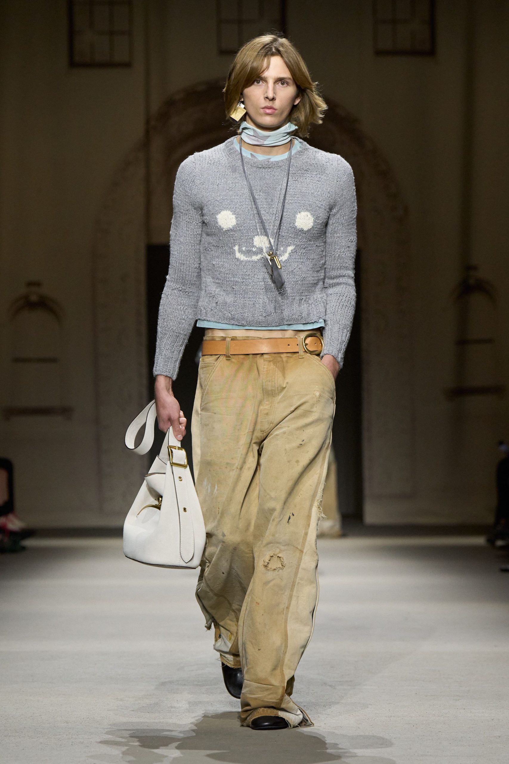 gray wool long-sleeve collared fitted embroidered sweater