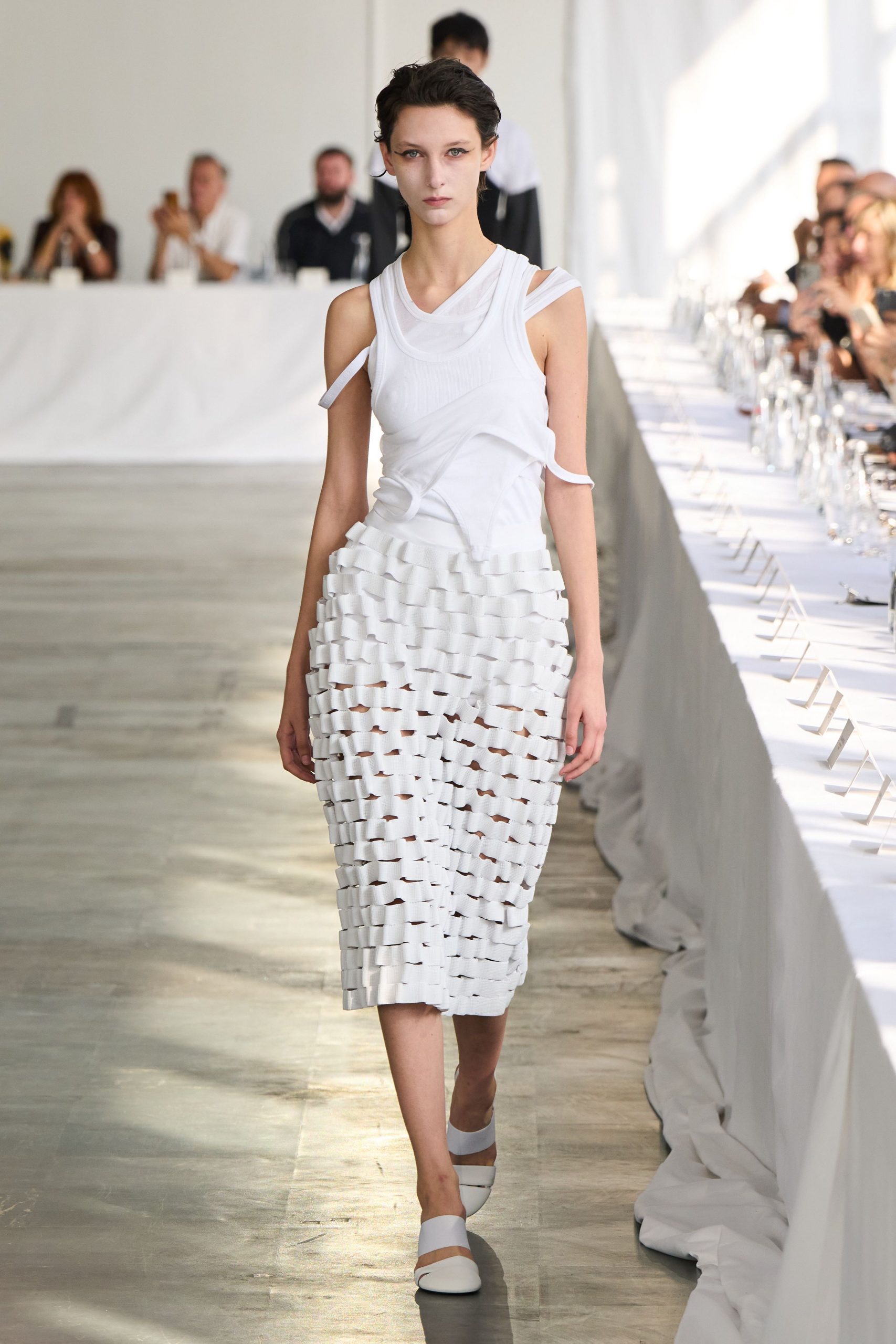 white fitted midi dress with pleats