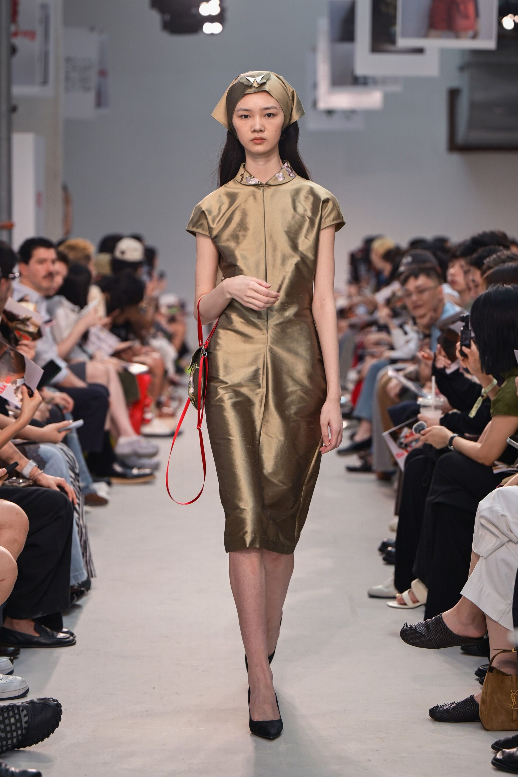 fitted gold silk midi dress