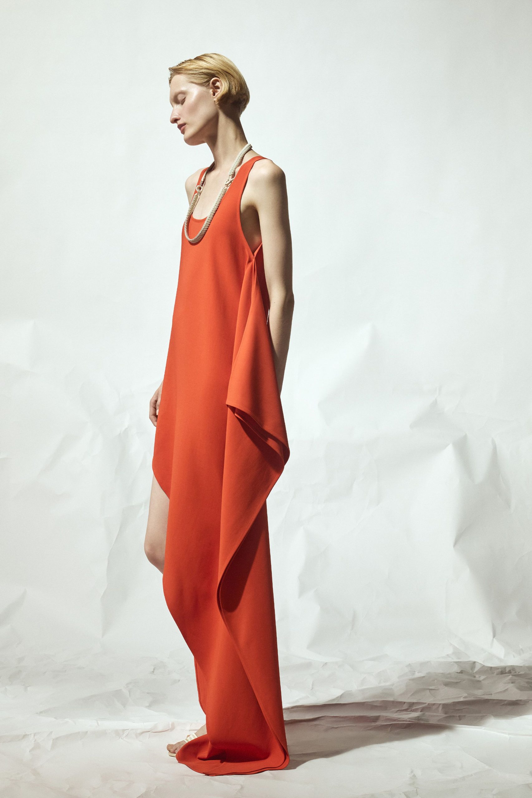 orange silk sleeveless dress