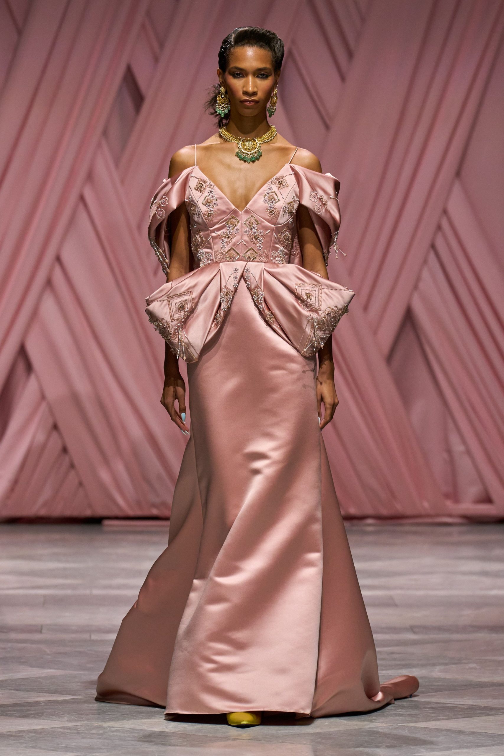 pink satin sleeveless v-neck fitted embellished flared gown