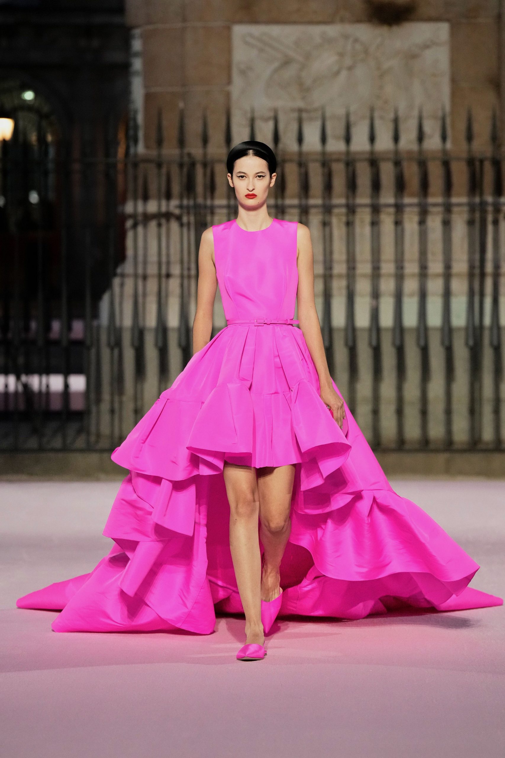pink tiered gown with matching shoes