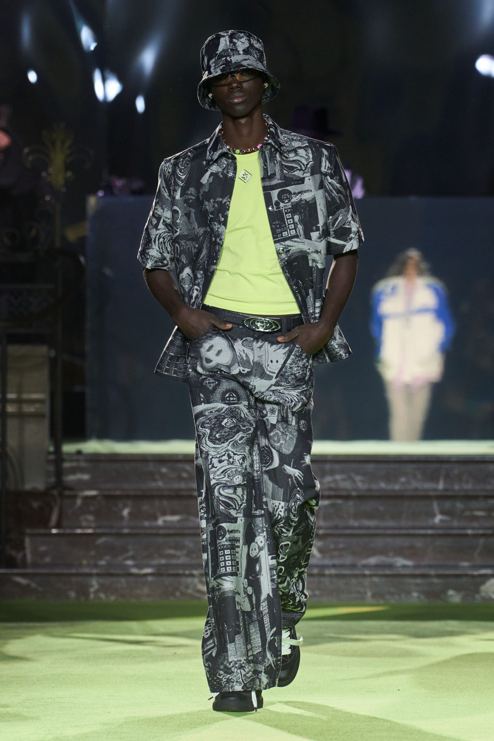 printed black and white shirt with neon t-shirt