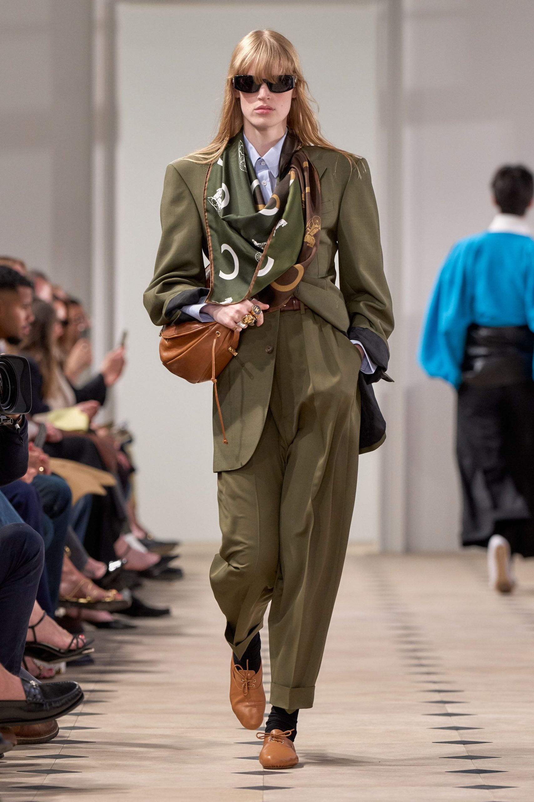 green oversized blazer with blue shirt