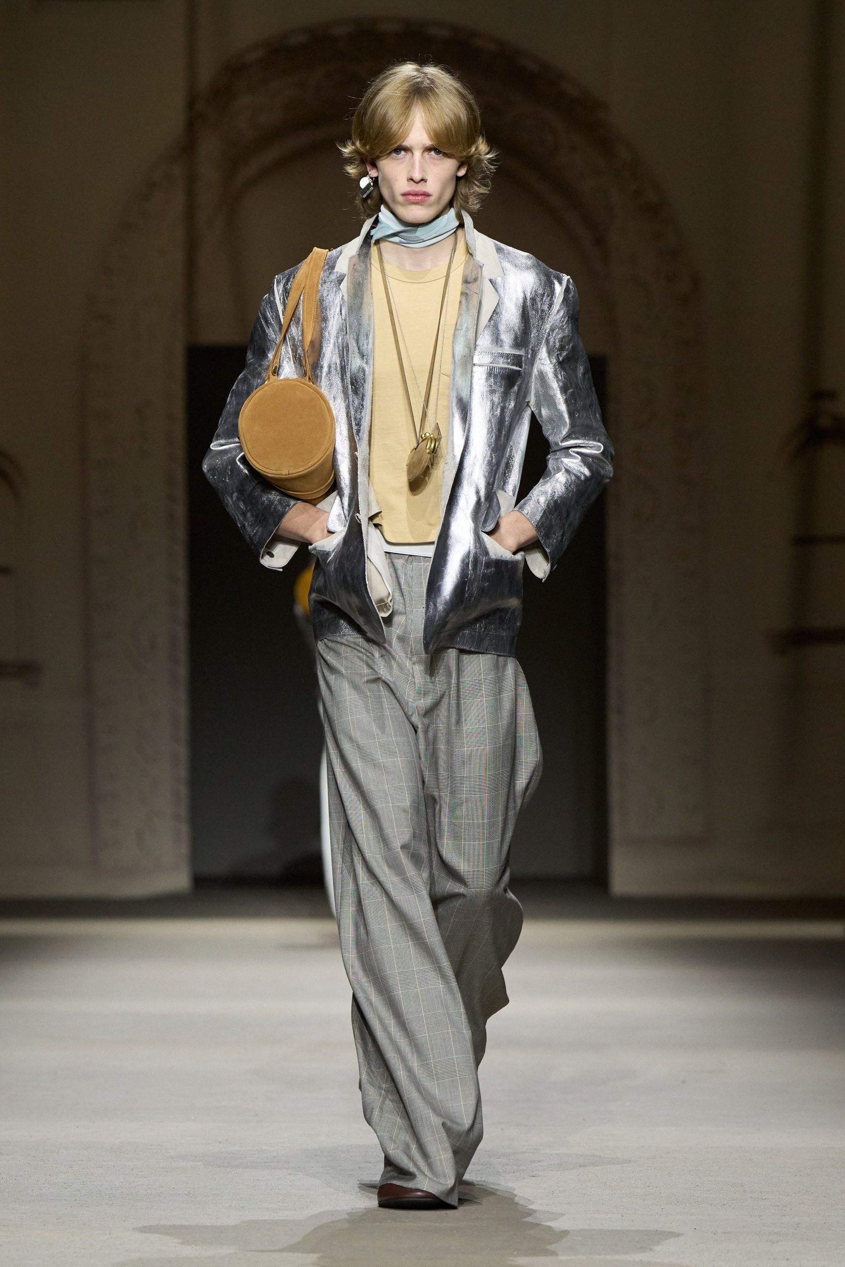 gray silk long-sleeve collared structured buttoned shiny blazer
