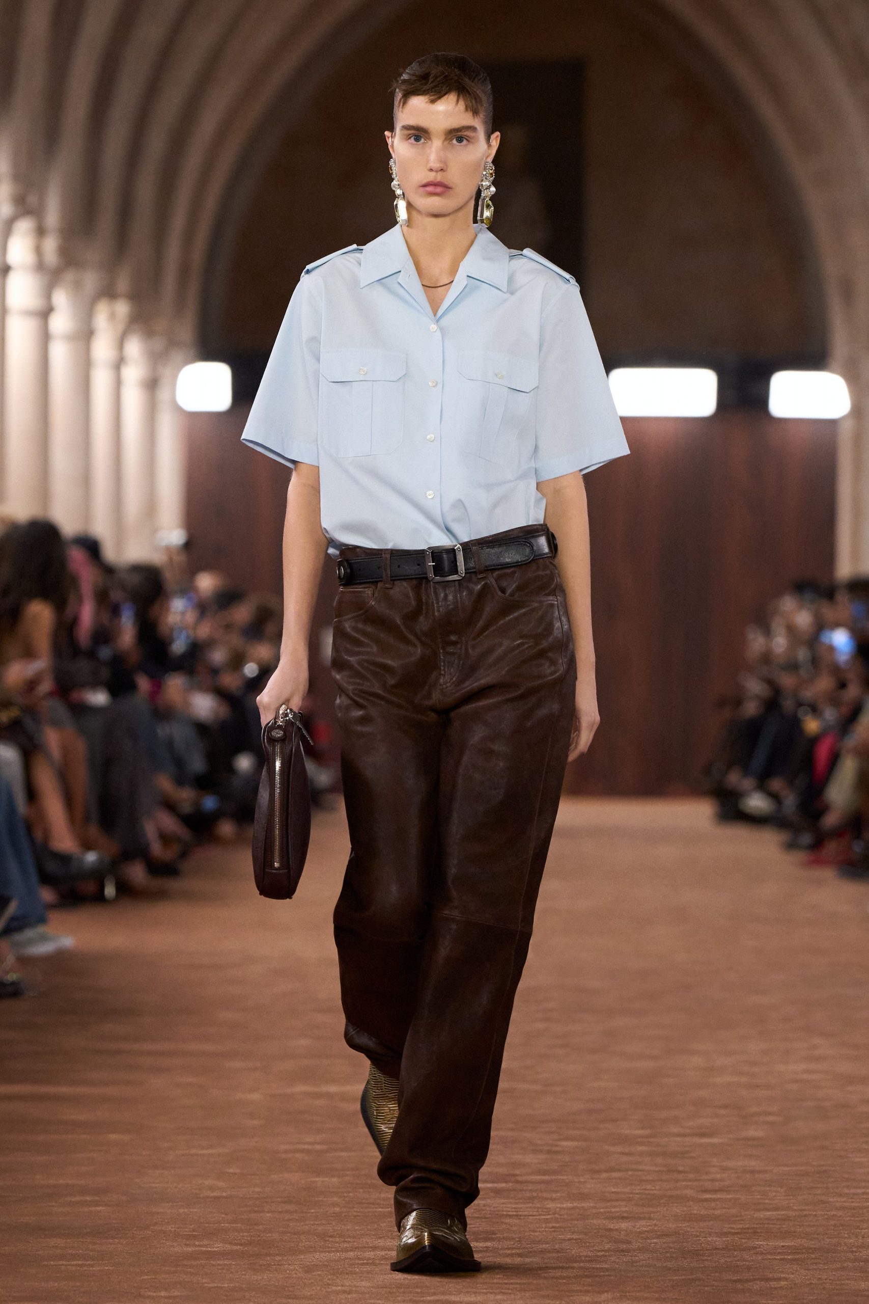 blue cotton shirt brown leather pants