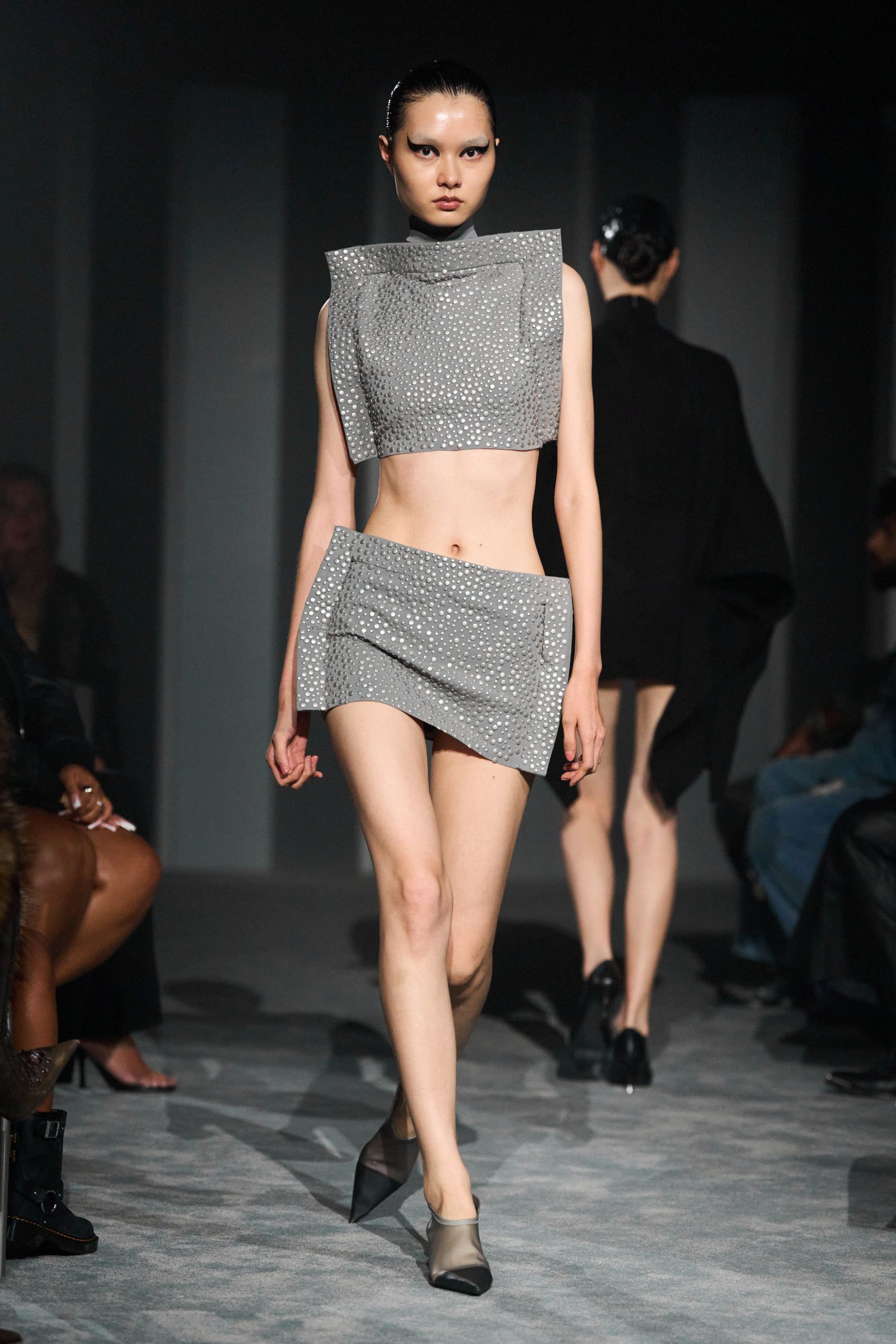 gray cotton sleeveless high-neck fitted embellished cropped crop-top