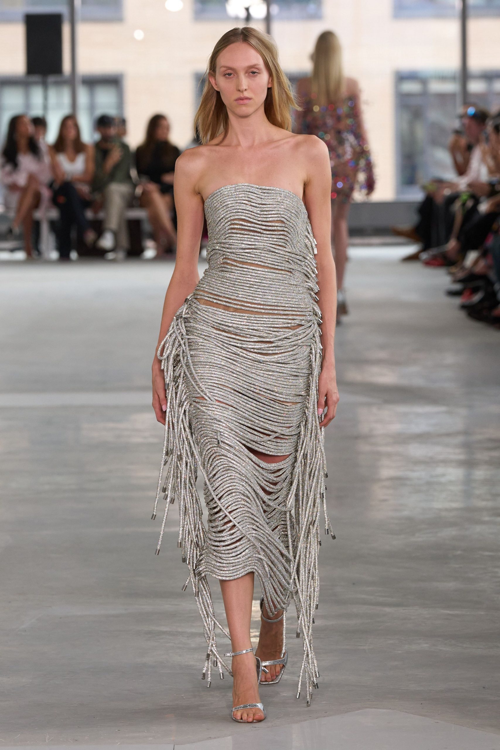 gray metallic strapless fitted fringed shiny midi dress