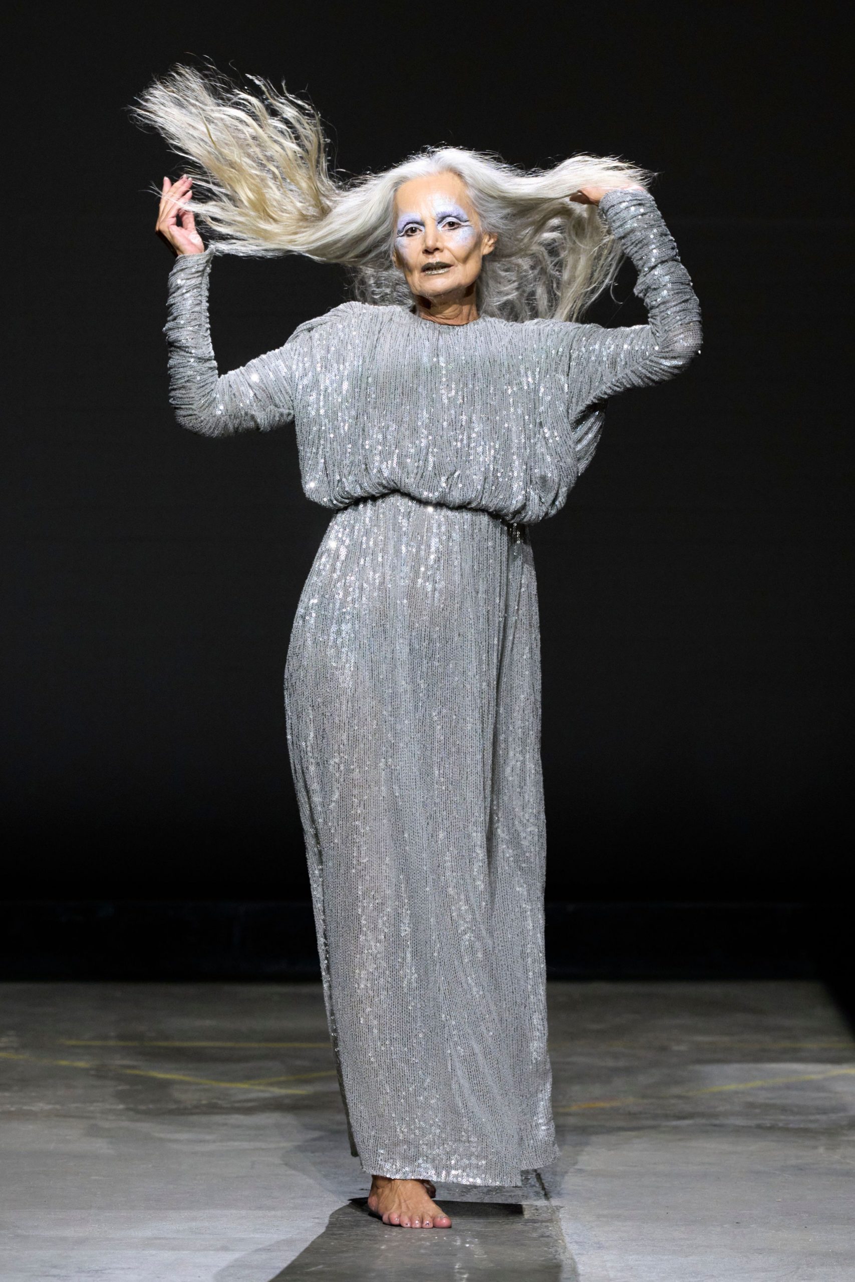 silver metallic long-sleeve gown