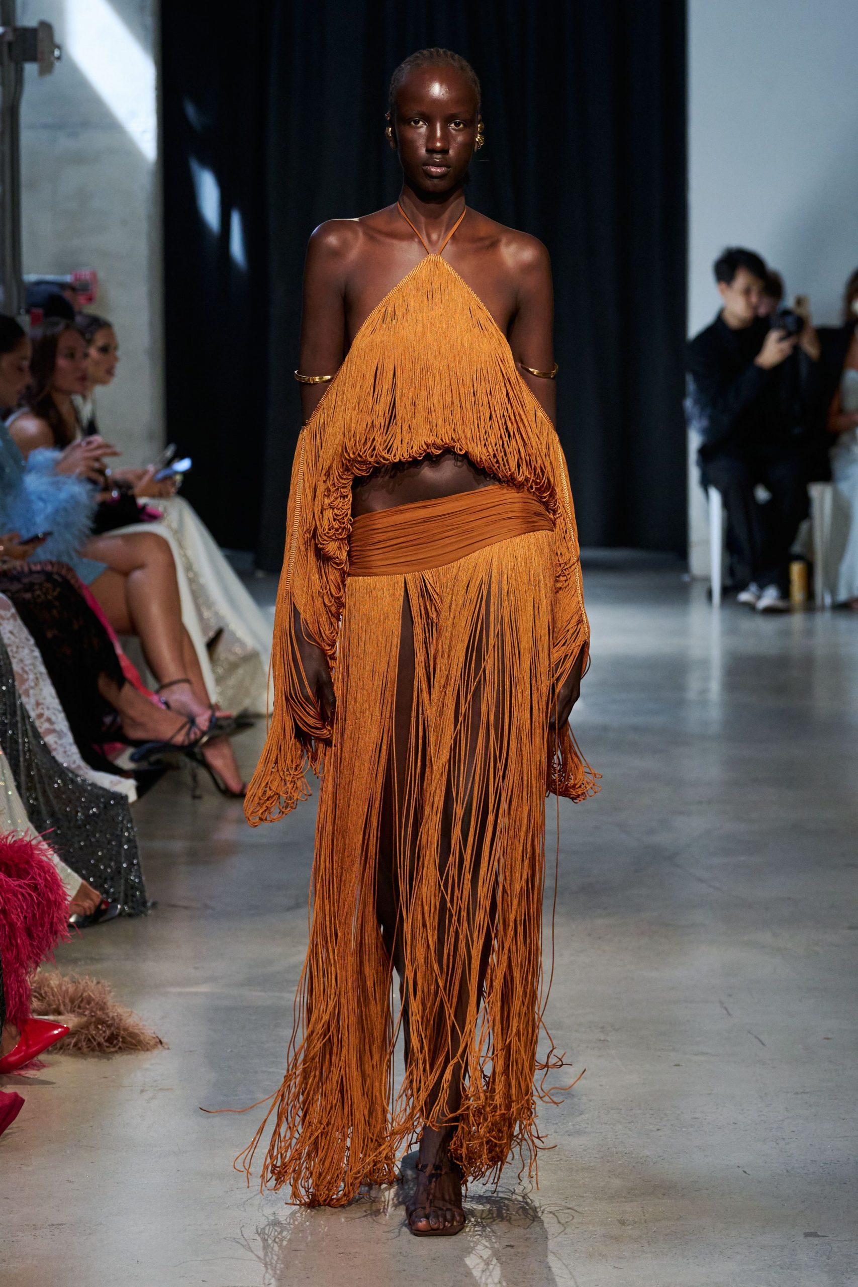 orange cotton fitted fringed maxi skirt