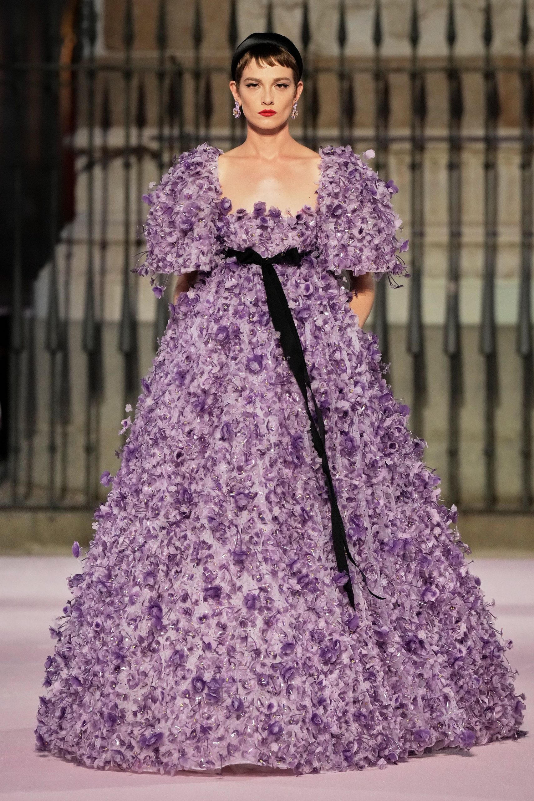 purple ruffled maxi gown