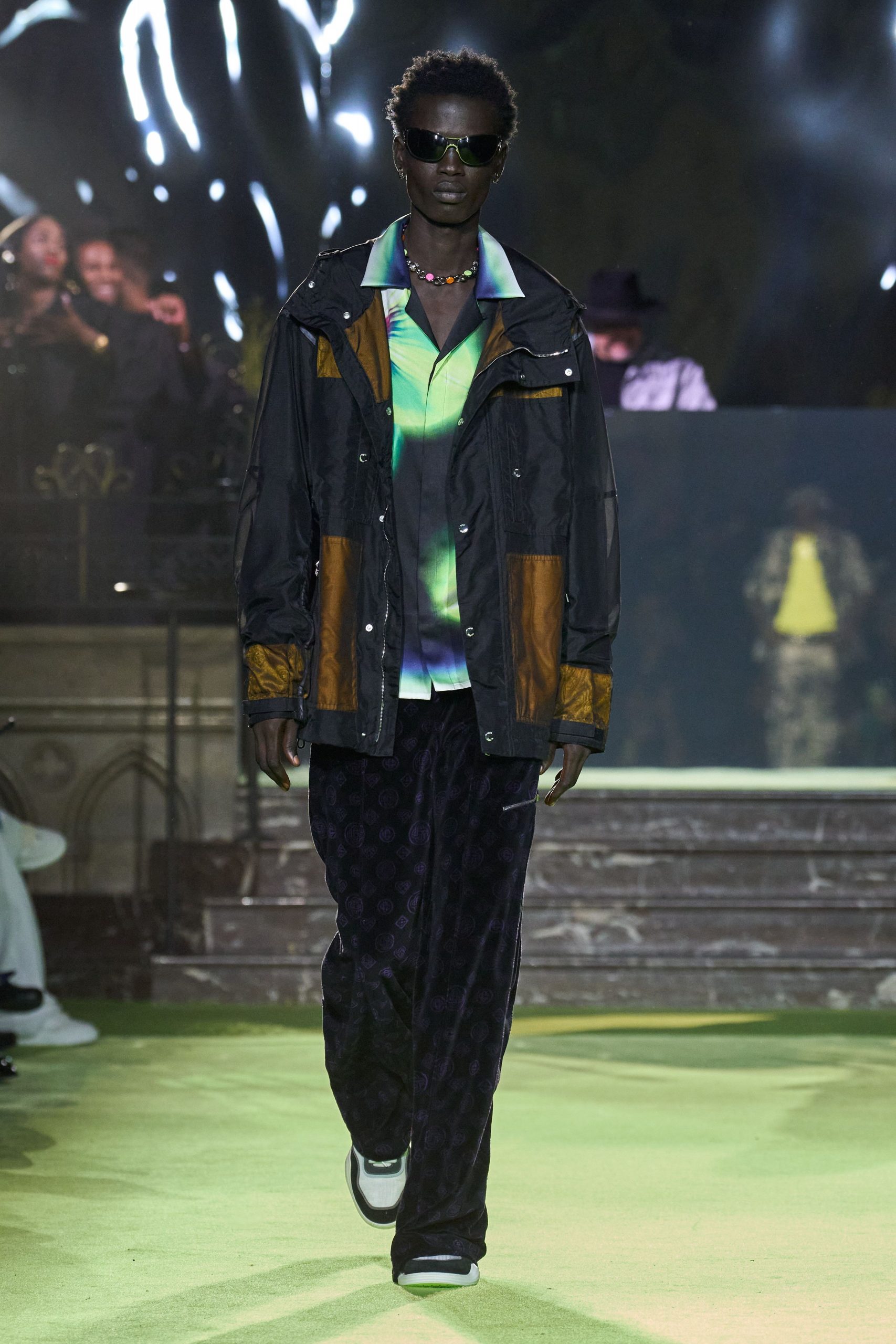 relaxed black jacket with color-blocked shirt