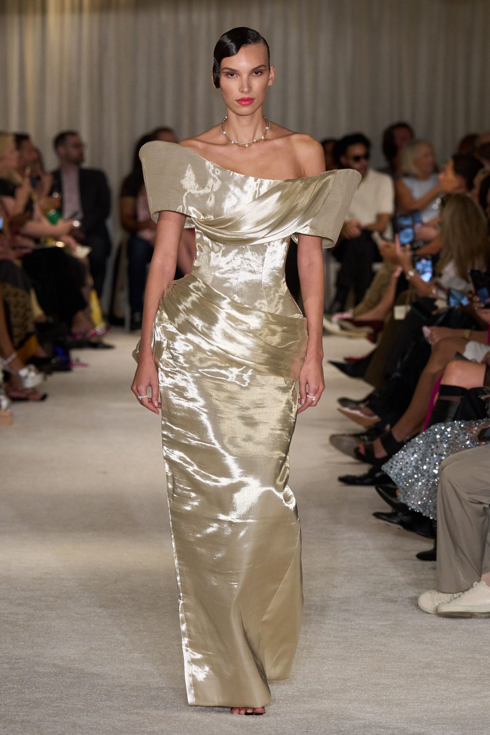 gold silk off-shoulder gown