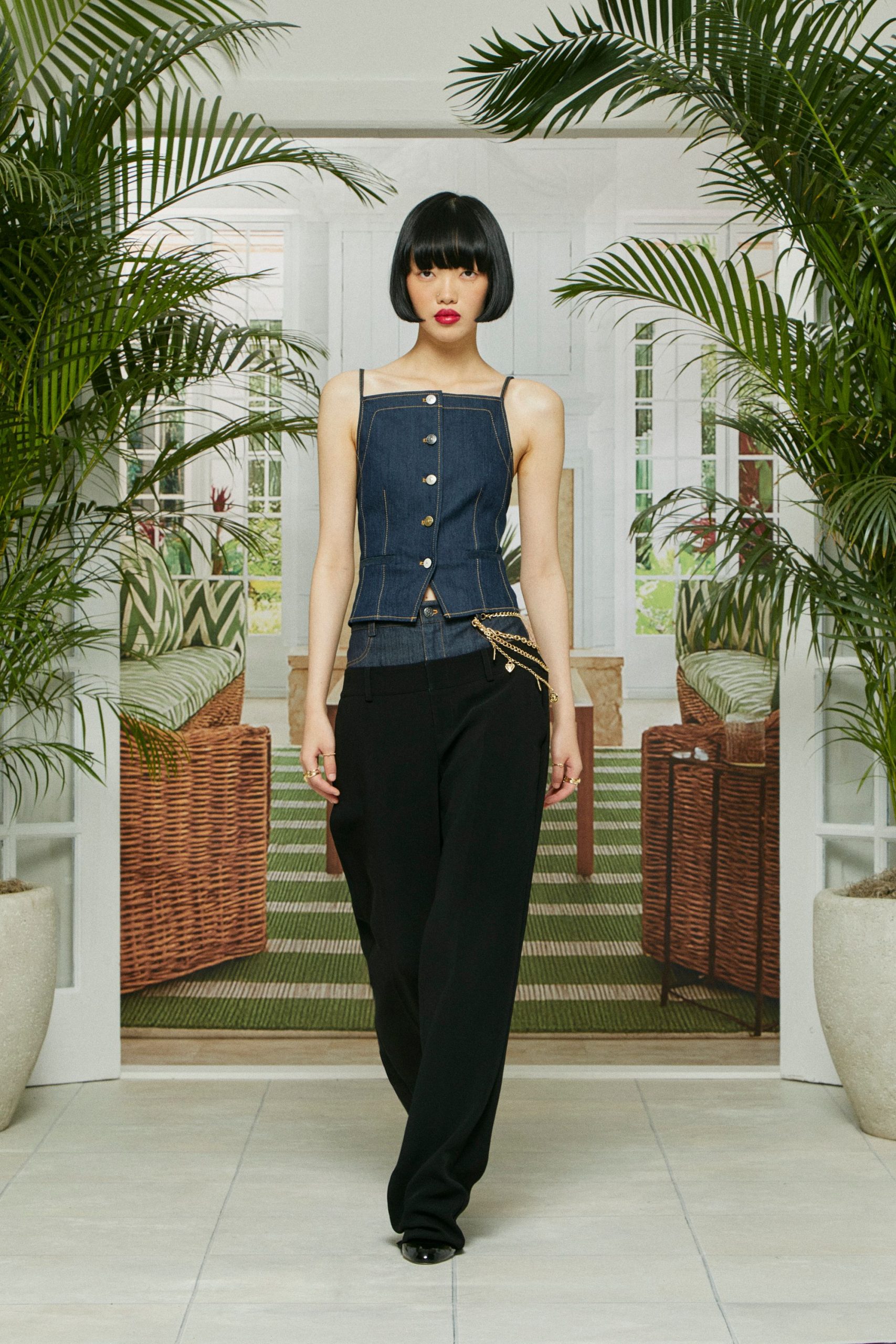 blue denim sleeveless collared fitted buttoned top