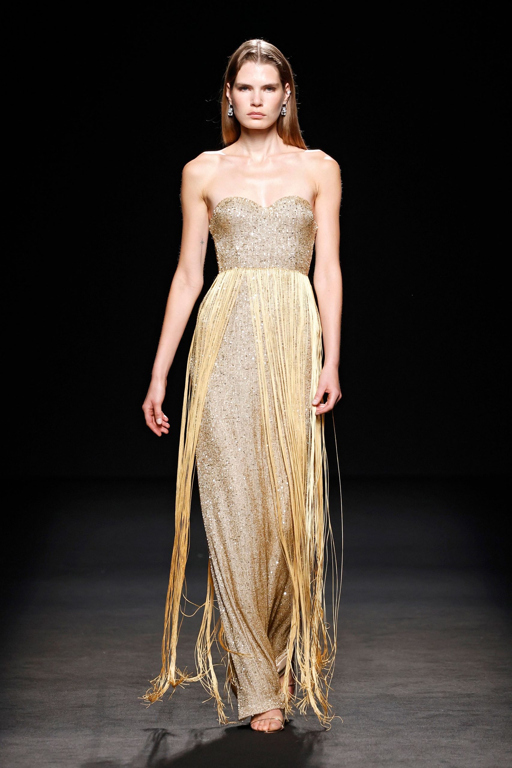 gold silk strapless fitted sequined fringed shiny gown