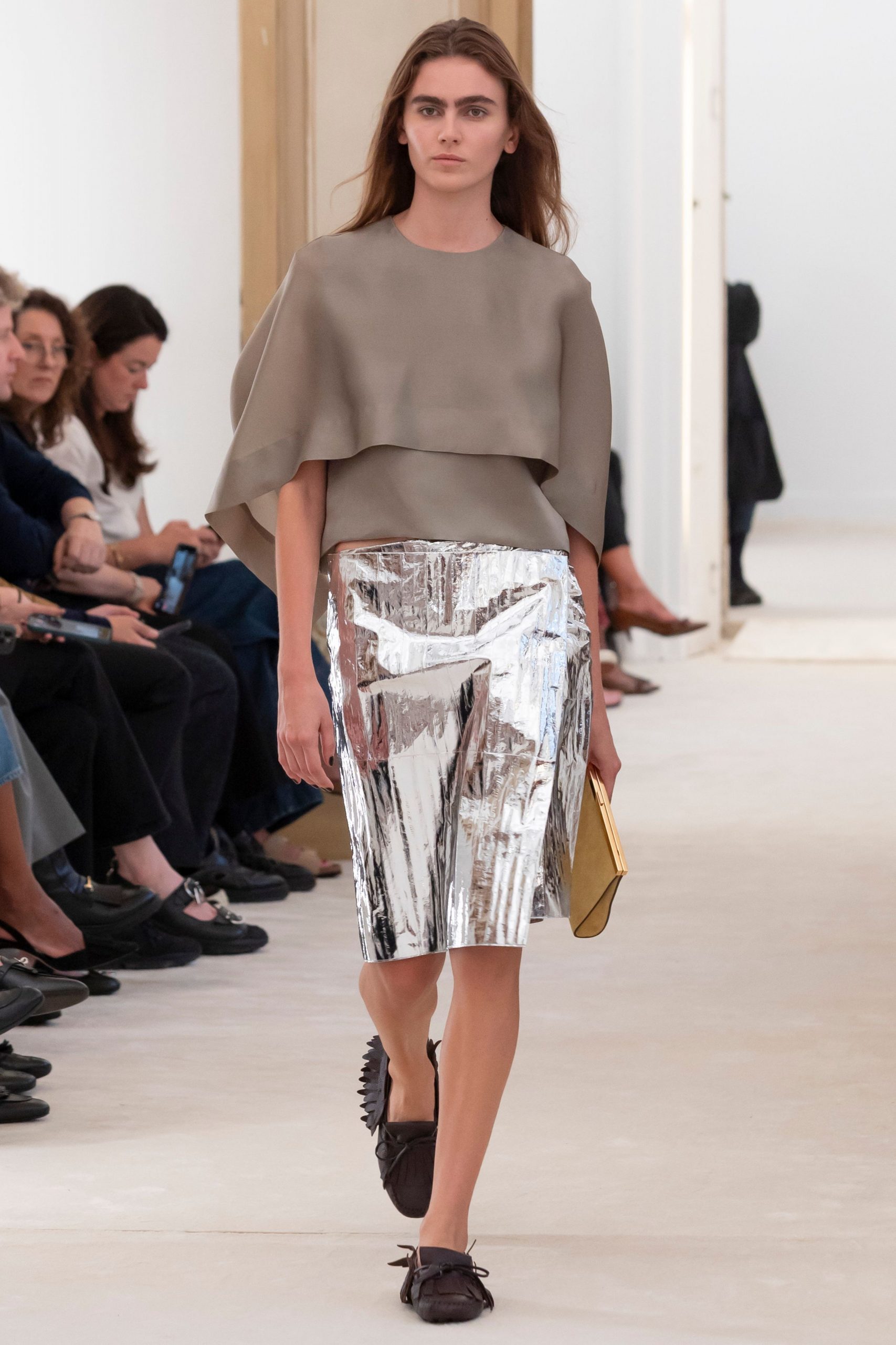 gray vinyl top with silver pencil skirt