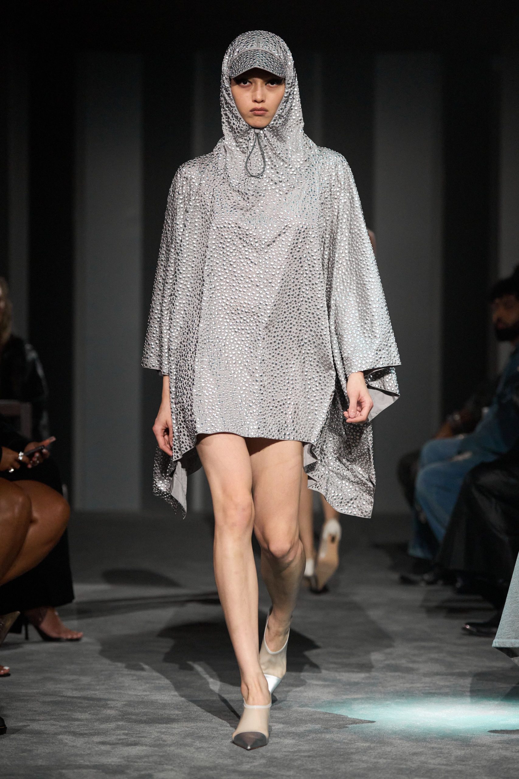 gray metallic sleeveless hooded relaxed layered shiny cape