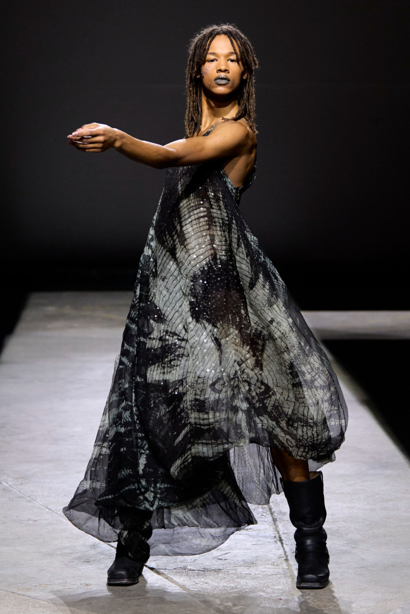 black gray flowing maxi dress with boots