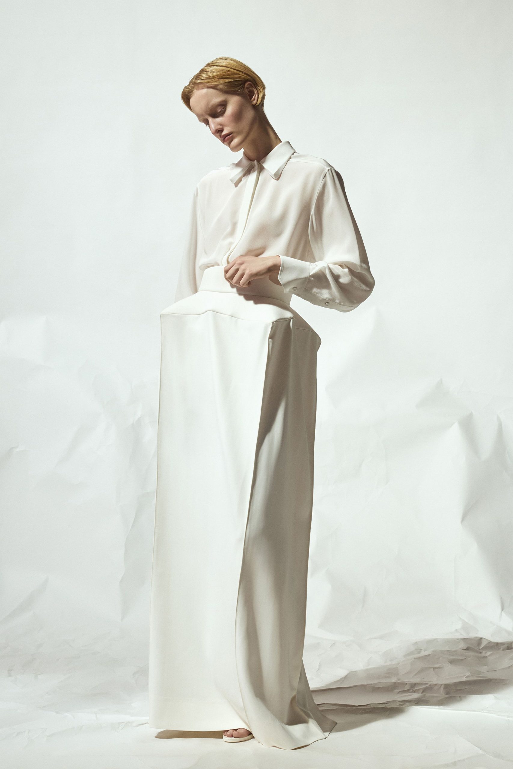 white silk fitted high-waisted pleated maxi skirt