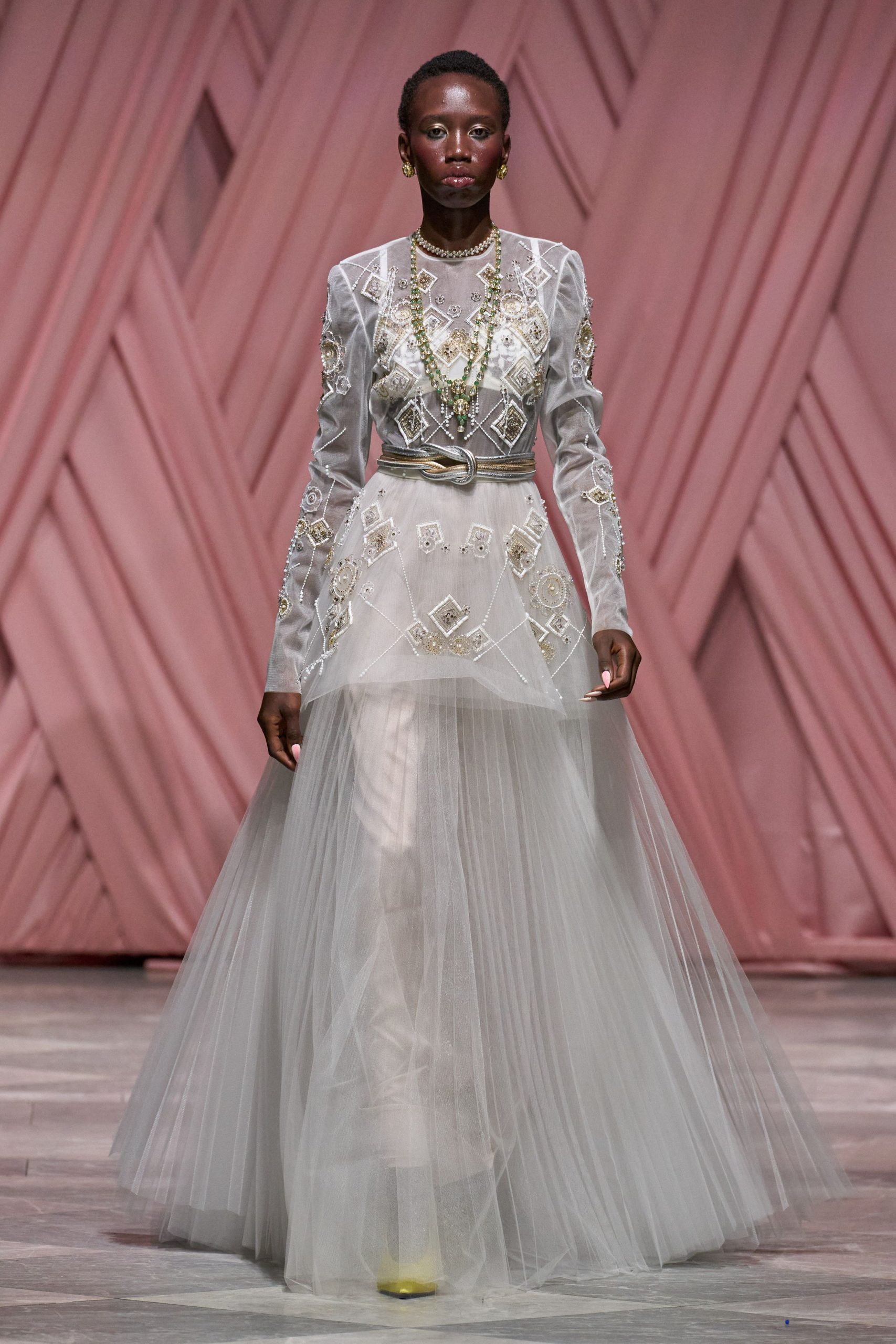 white tulle long-sleeve v-neck fitted embroidered layered gown