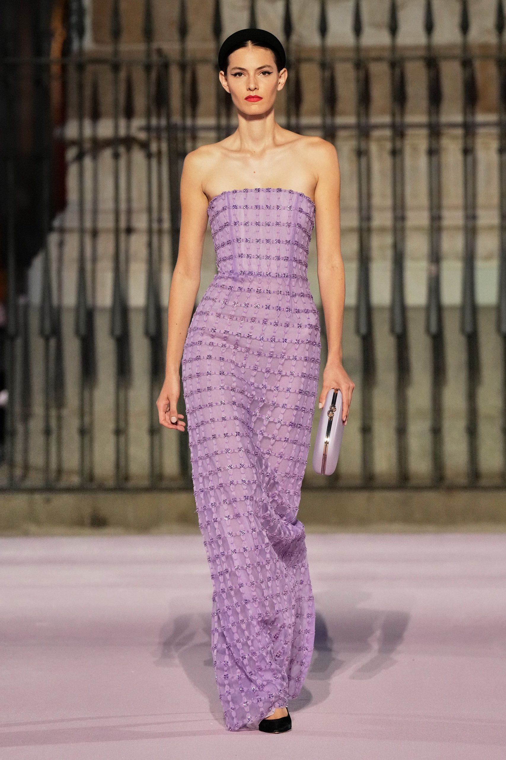 purple silk strapless fitted pleated sheer maxi gown