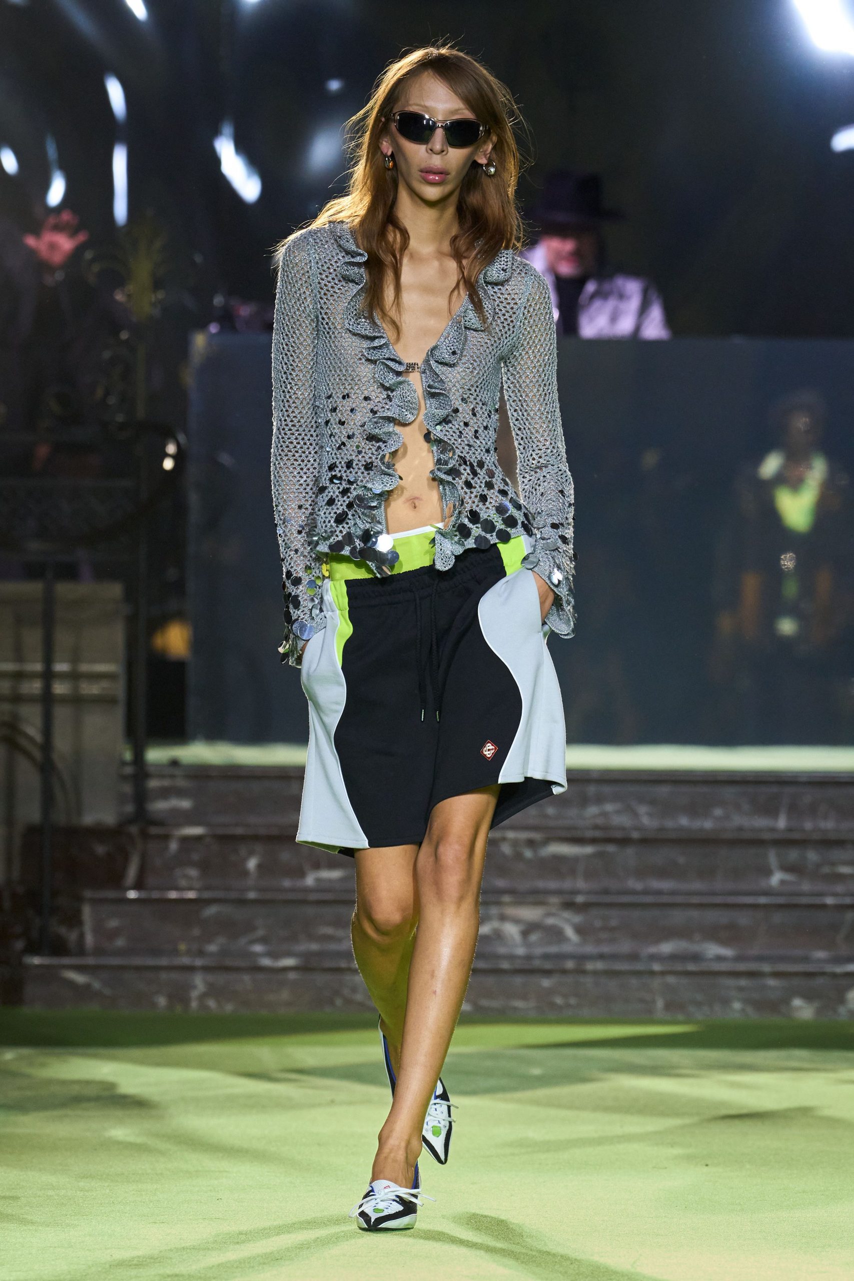 gray mesh long-sleeve v-neck fitted ruffled sheer top