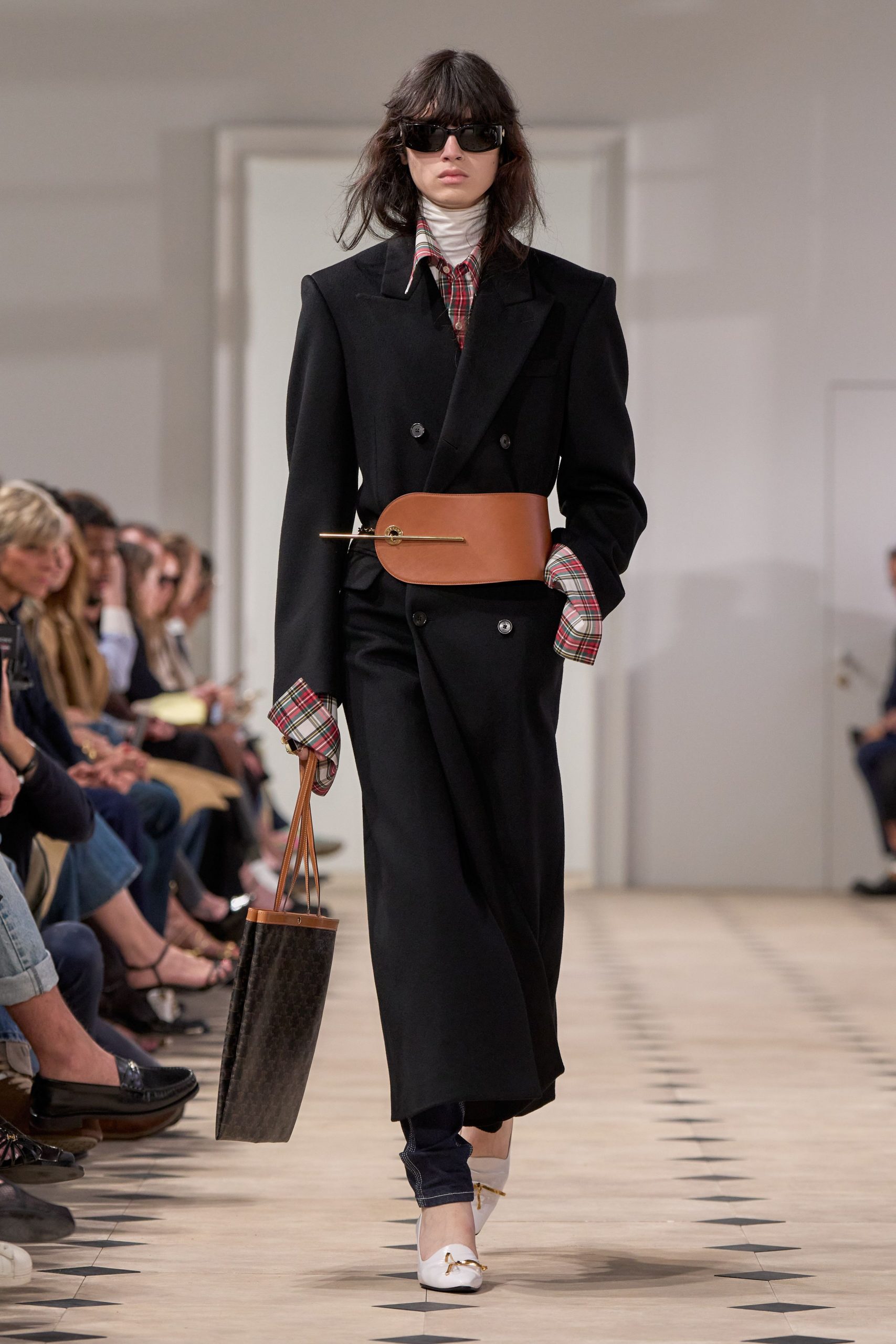 black wool long-sleeve collared fitted belted maxi coat