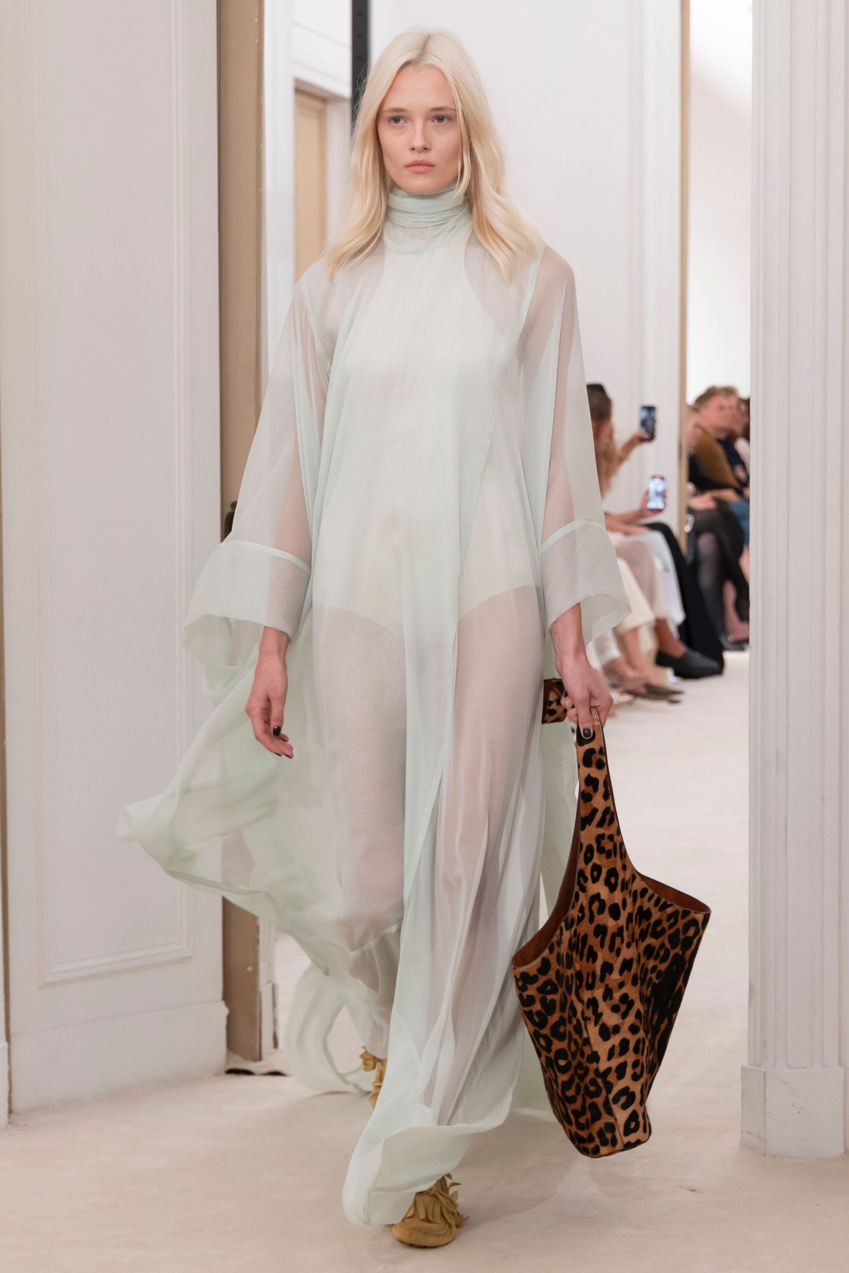 green chiffon long-sleeve high-neck relaxed sheer flowing dress