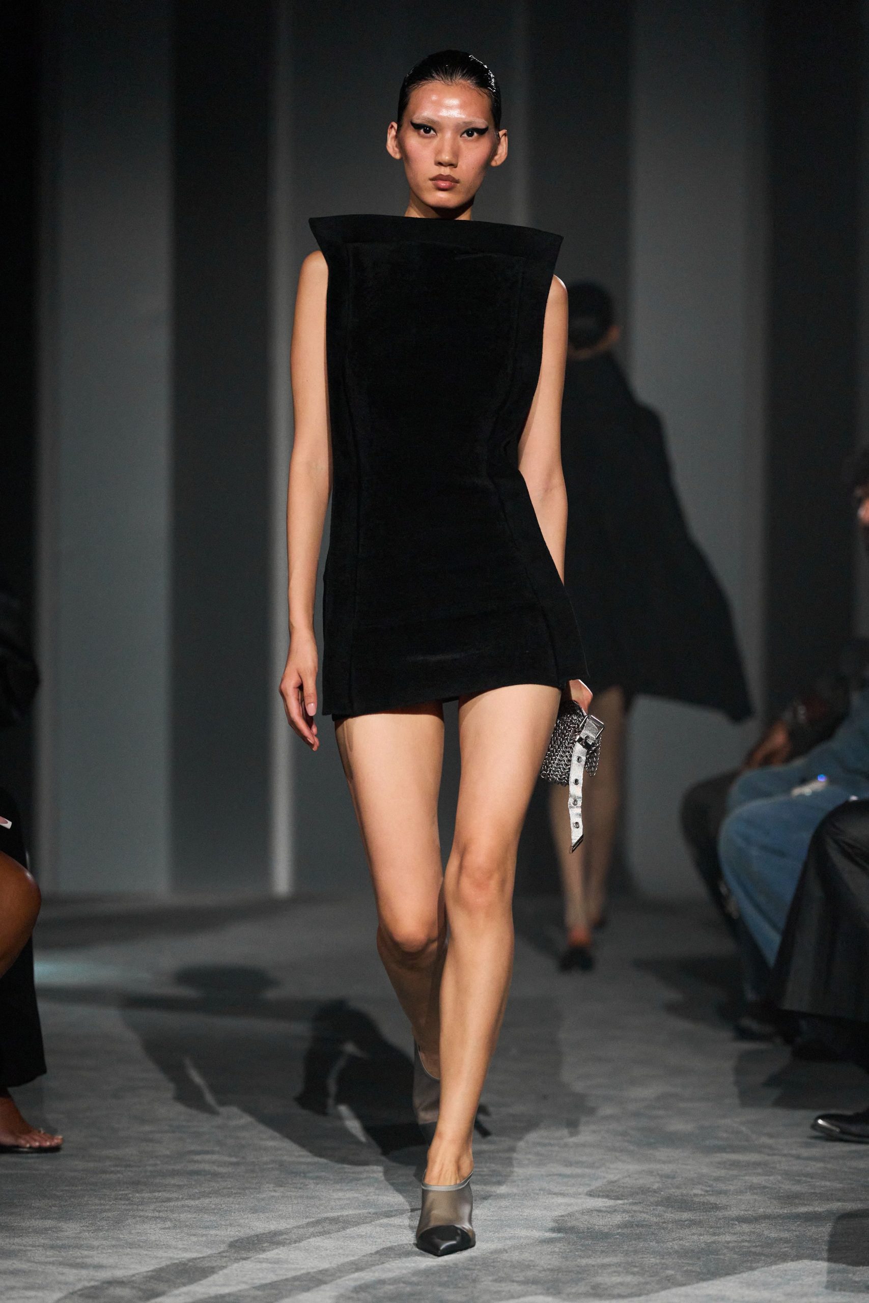 black velvet sleeveless high-neck fitted structured mini dress