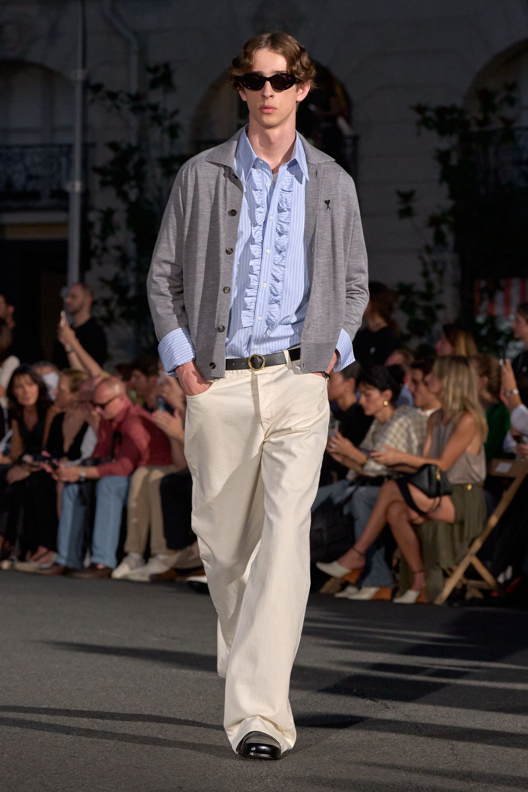 blue cotton long-sleeve collared relaxed ruffled shirt