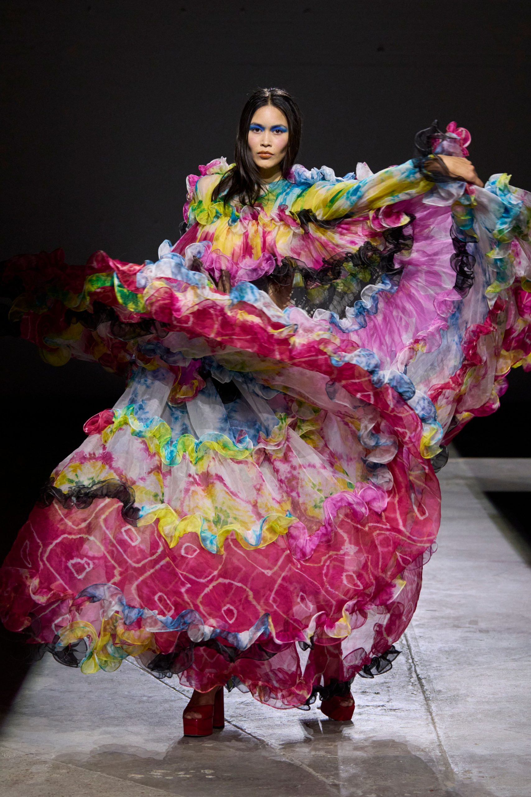 pink chiffon long-sleeve relaxed ruffled layered flowing gown
