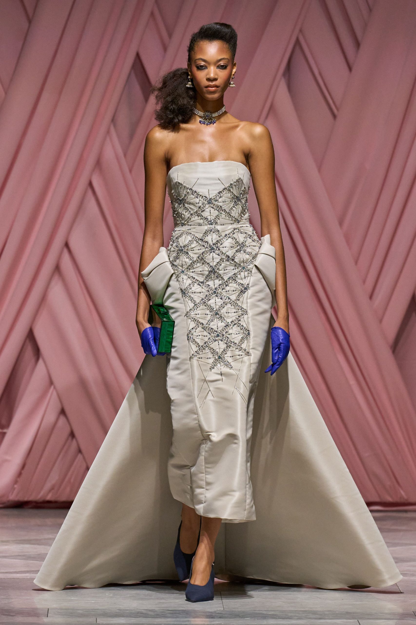 ivory silk strapless fitted structured embroidered maxi gown