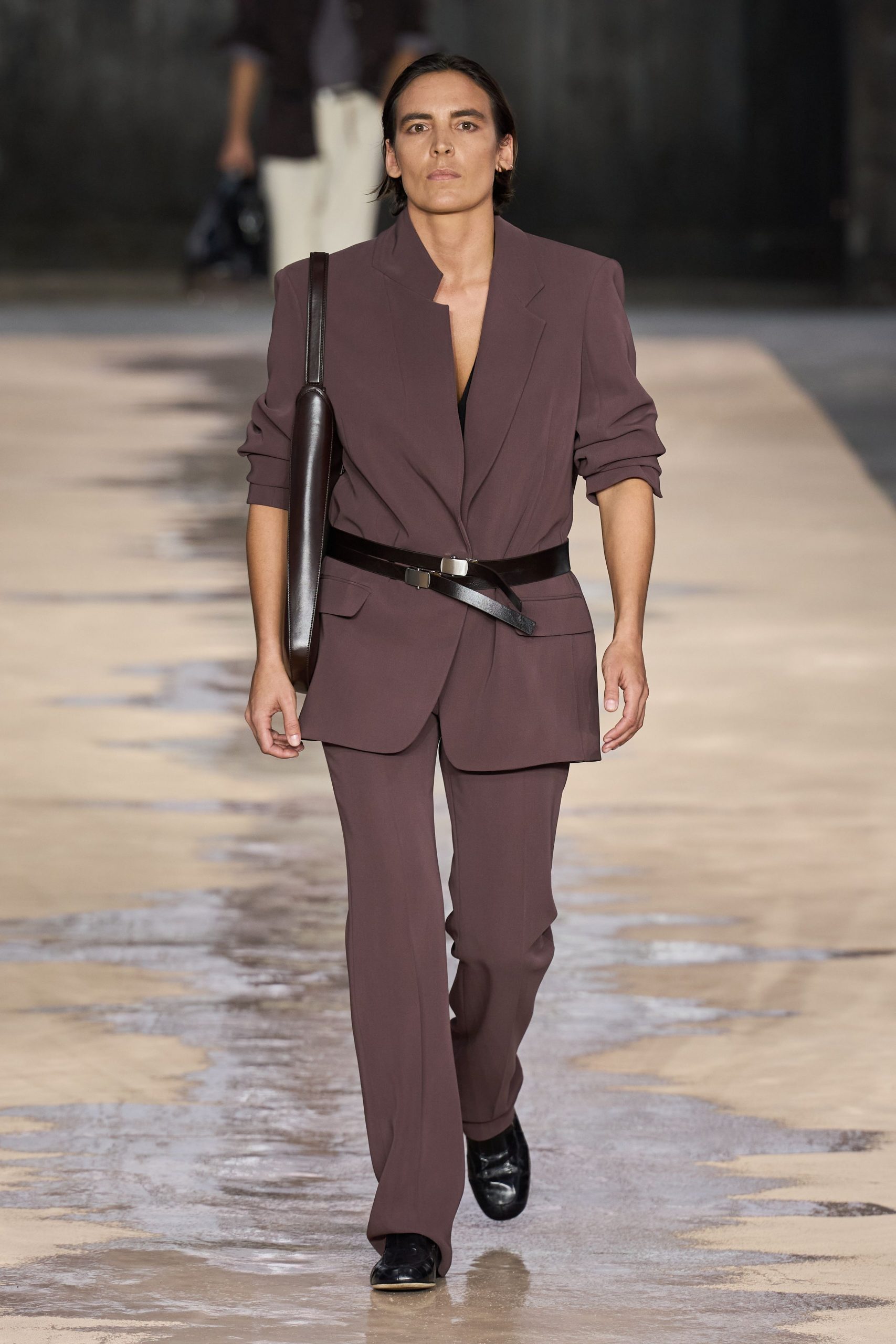 brown cotton long-sleeve v-neck tailored buttoned suit