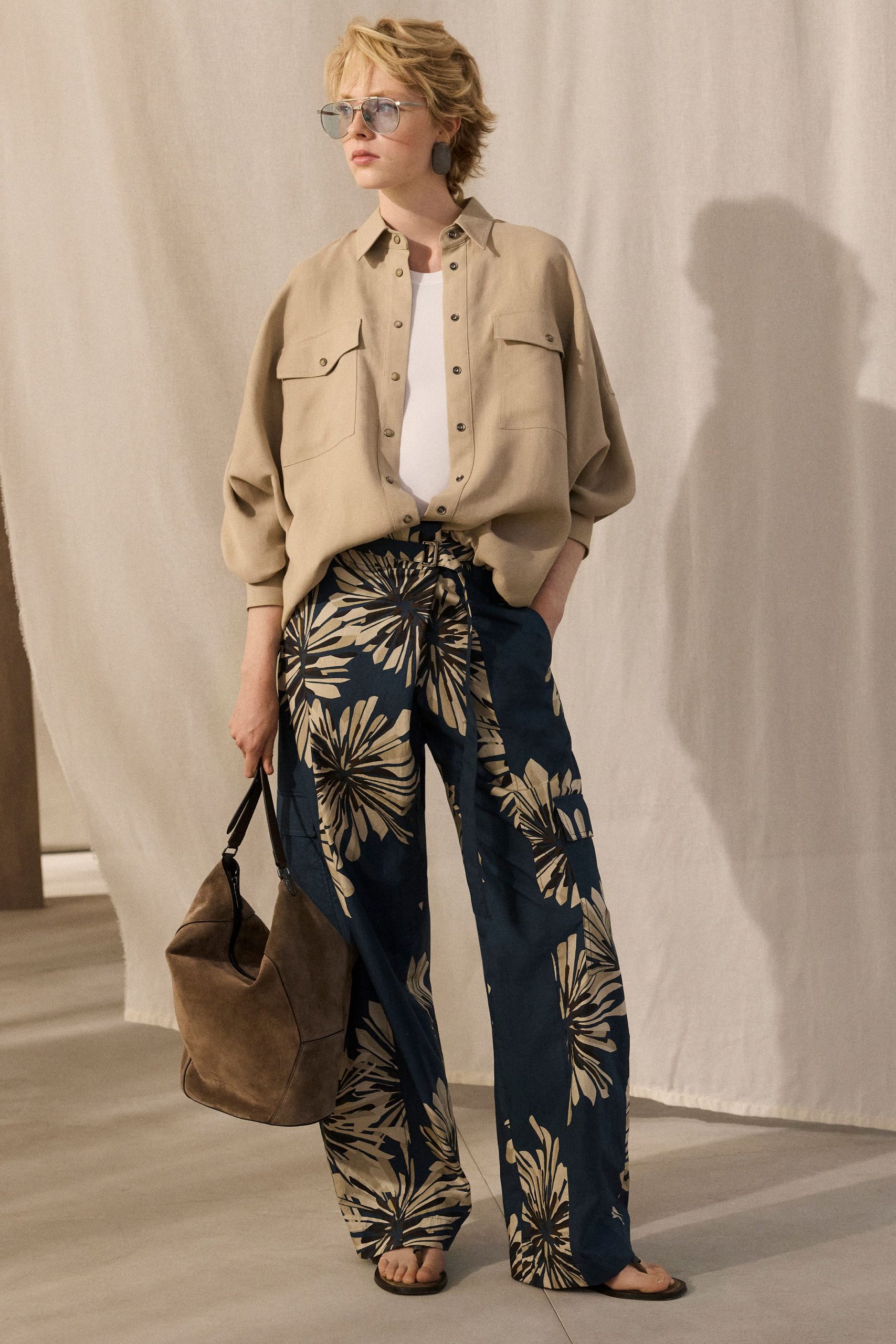 beige relaxed shirt with printed pants