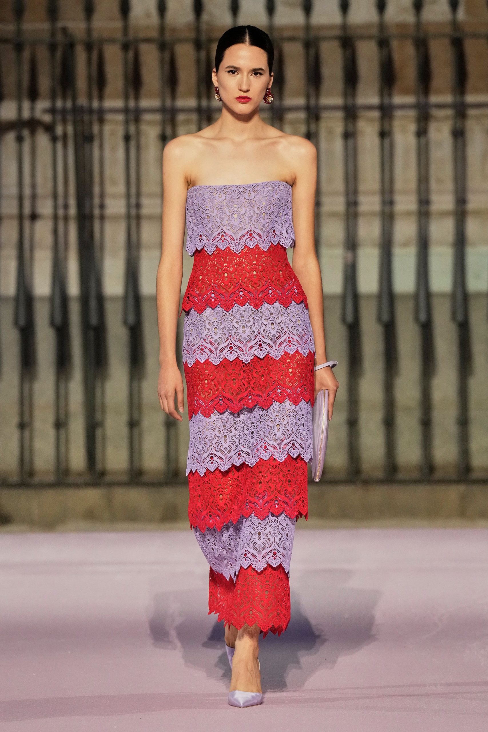 red lace strapless fitted layered embroidered midi dress