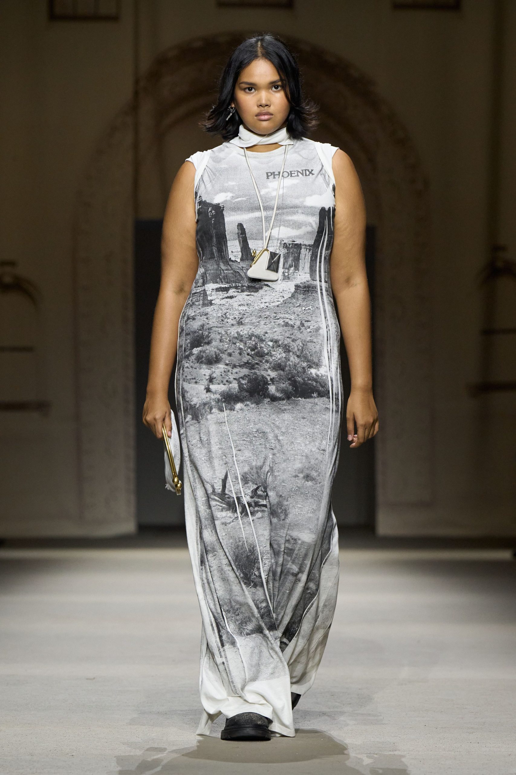 white cotton sleeveless high-neck fitted printed maxi gown