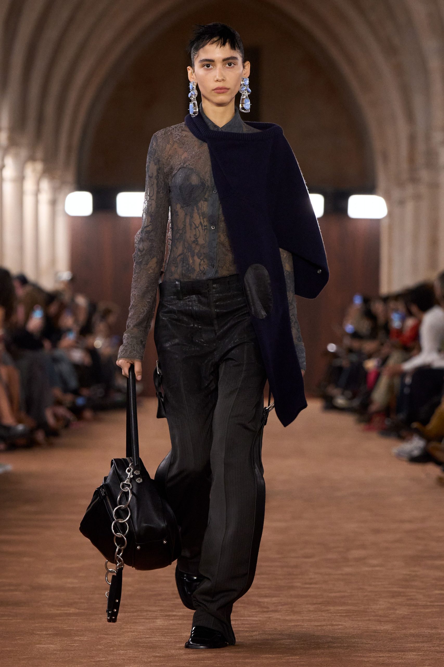 black lace fitted top with cargo pants