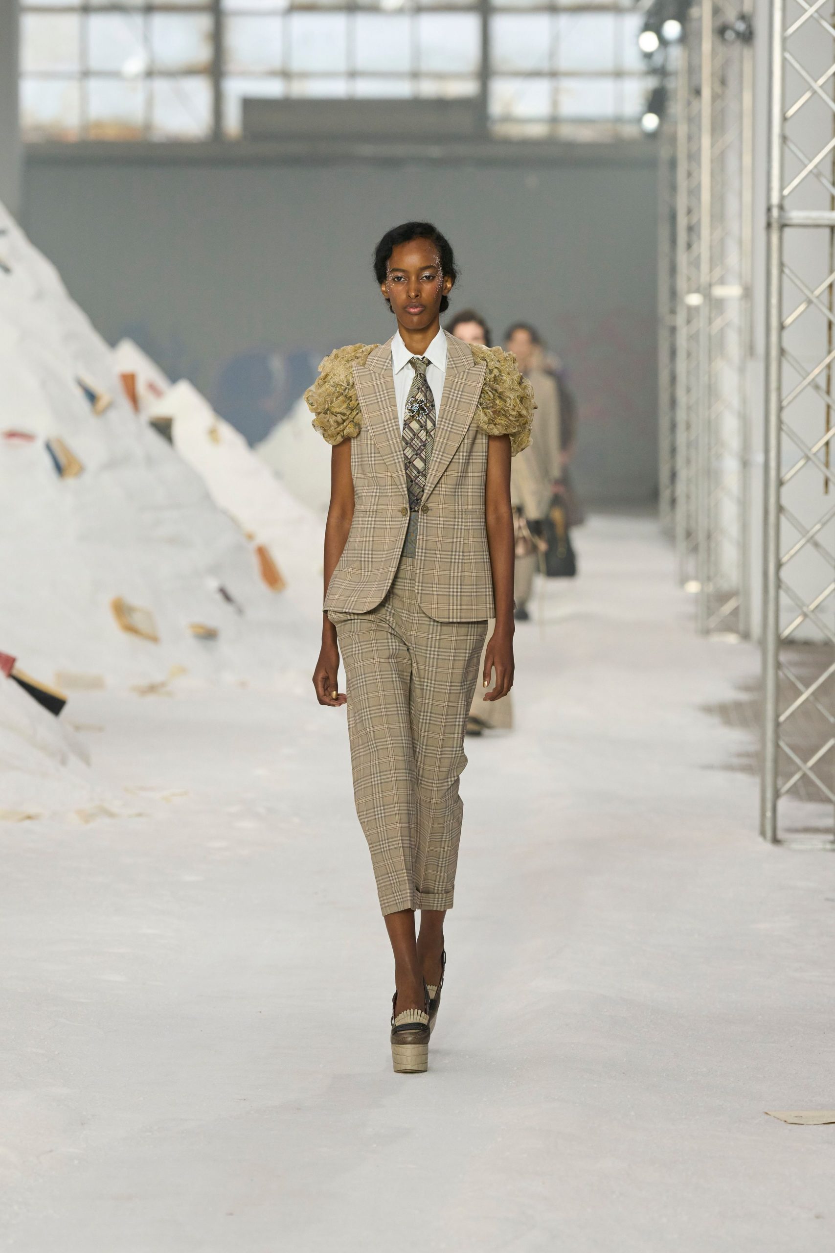 beige checked tailored suit