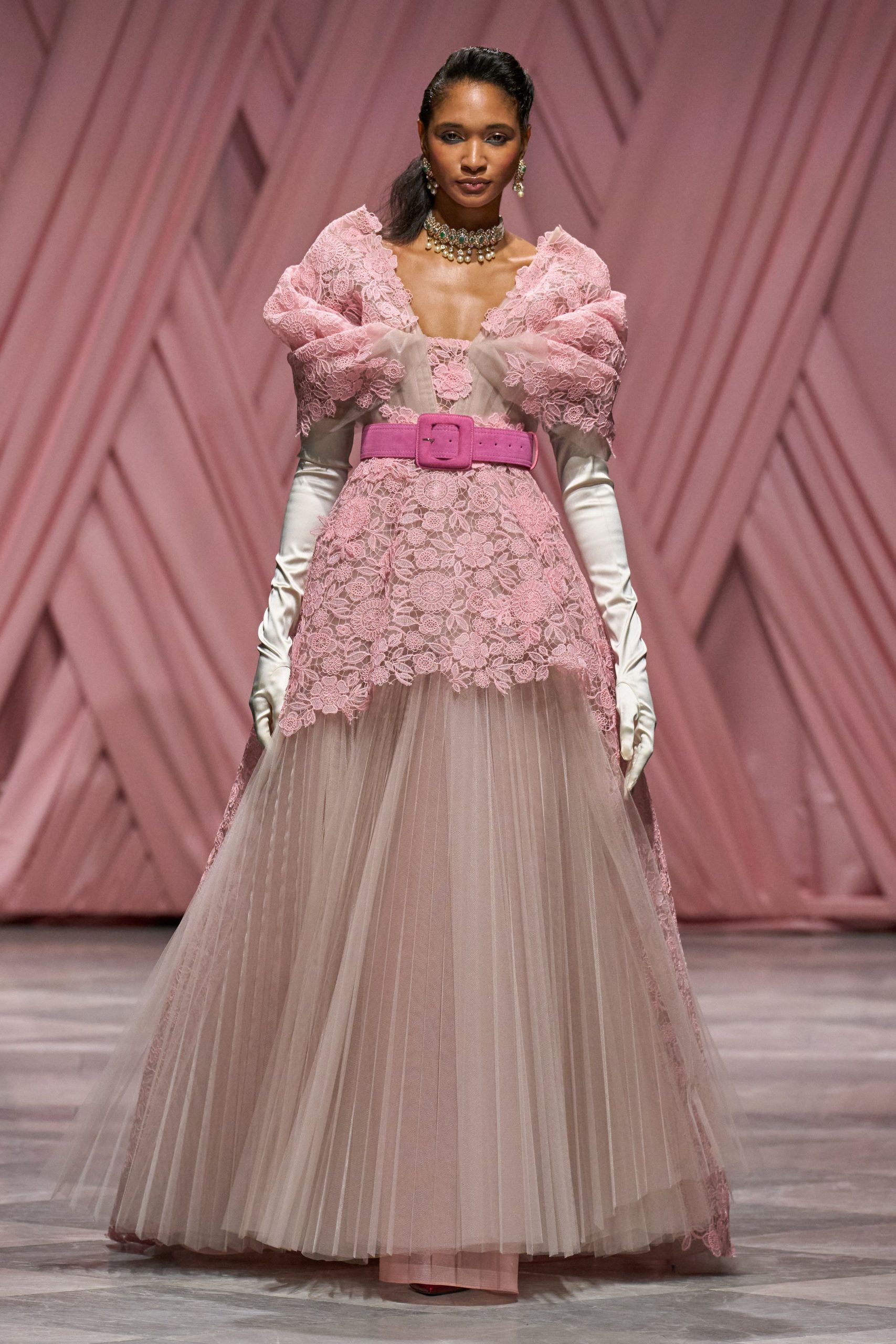 pink lace gown with gloves
