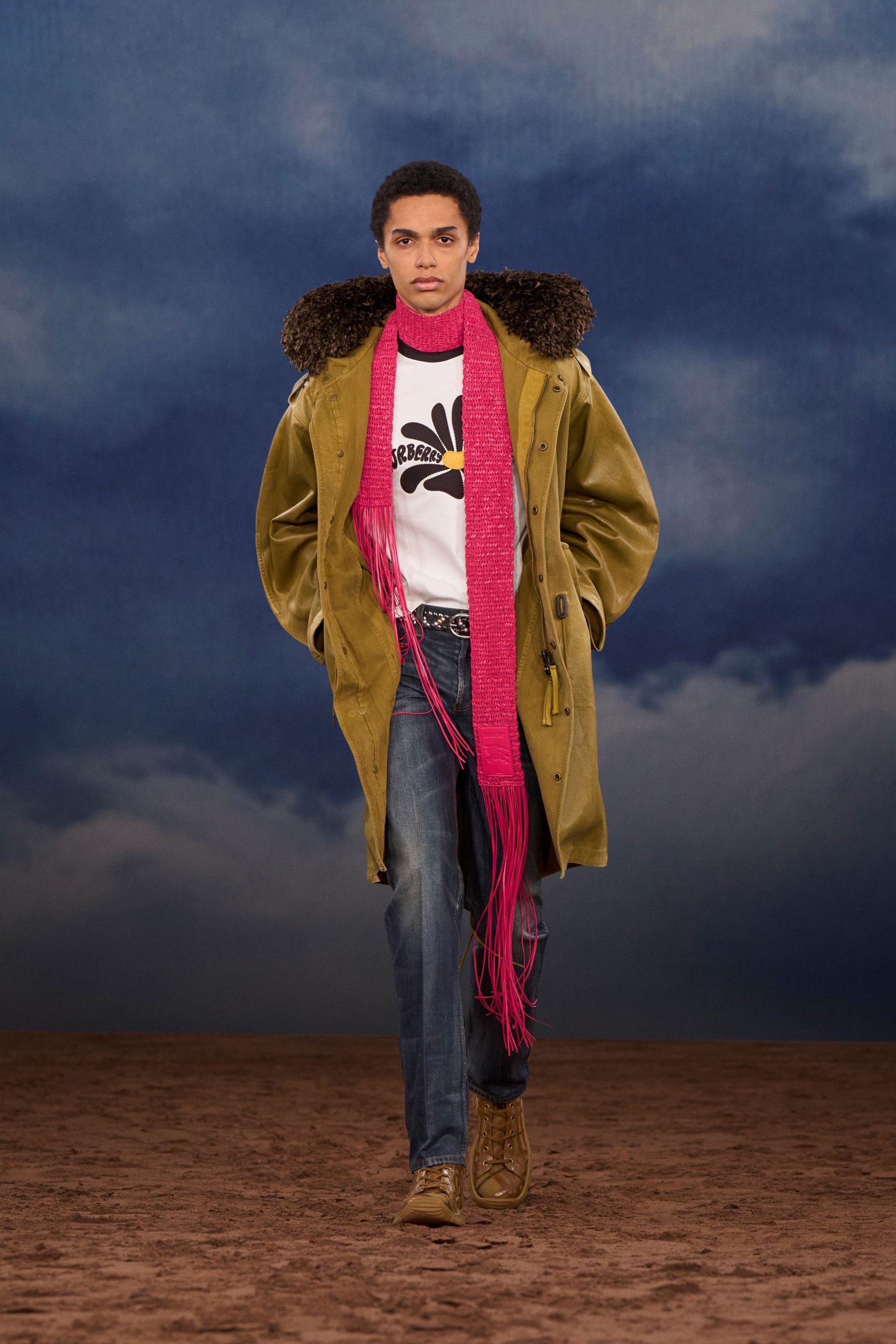 green wool coat with pink scarf