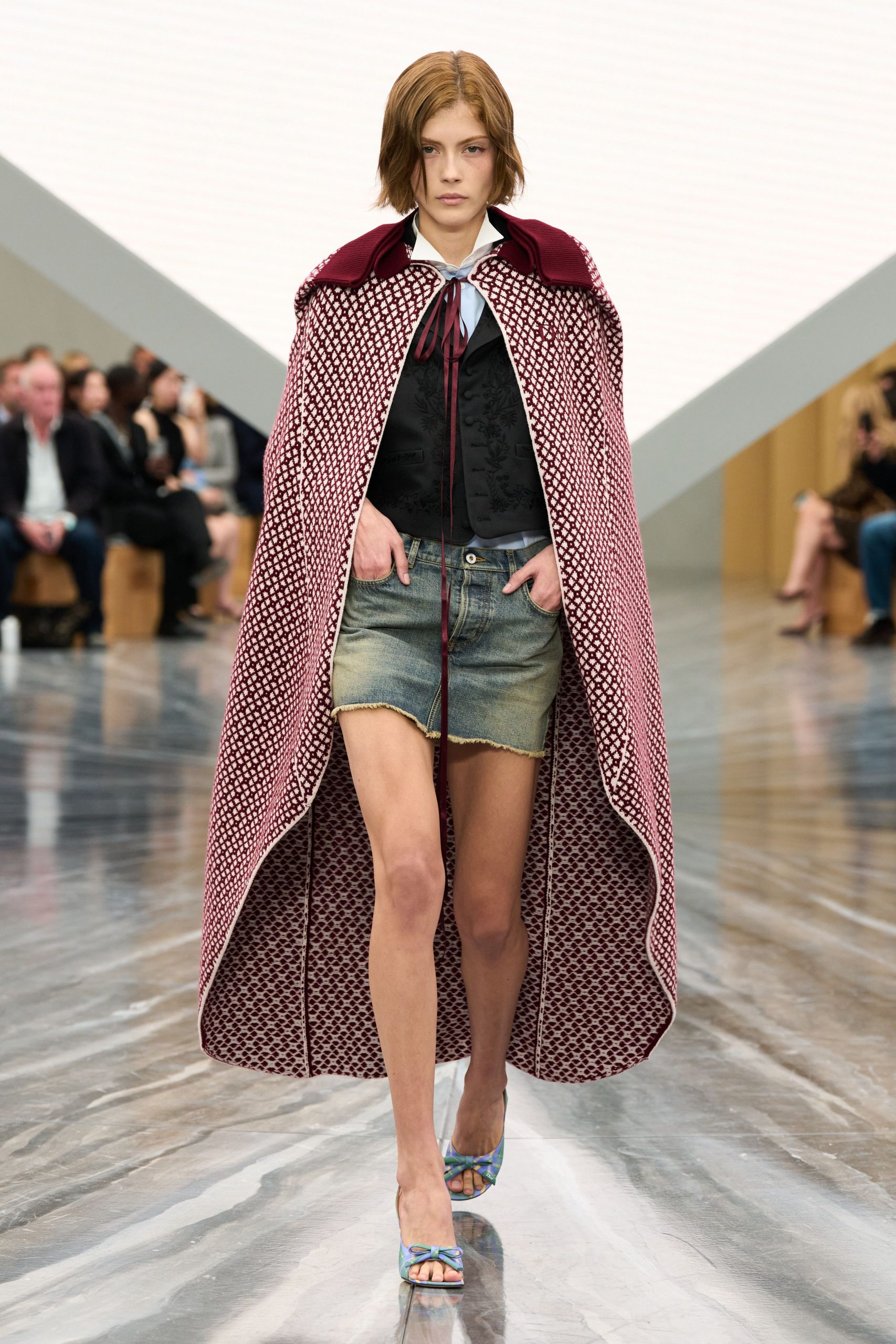 red wool long-sleeve collared structured layered printed cape