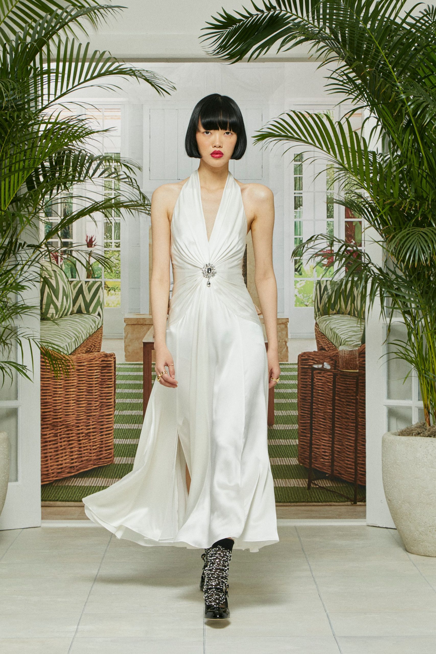 white silk sleeveless gown